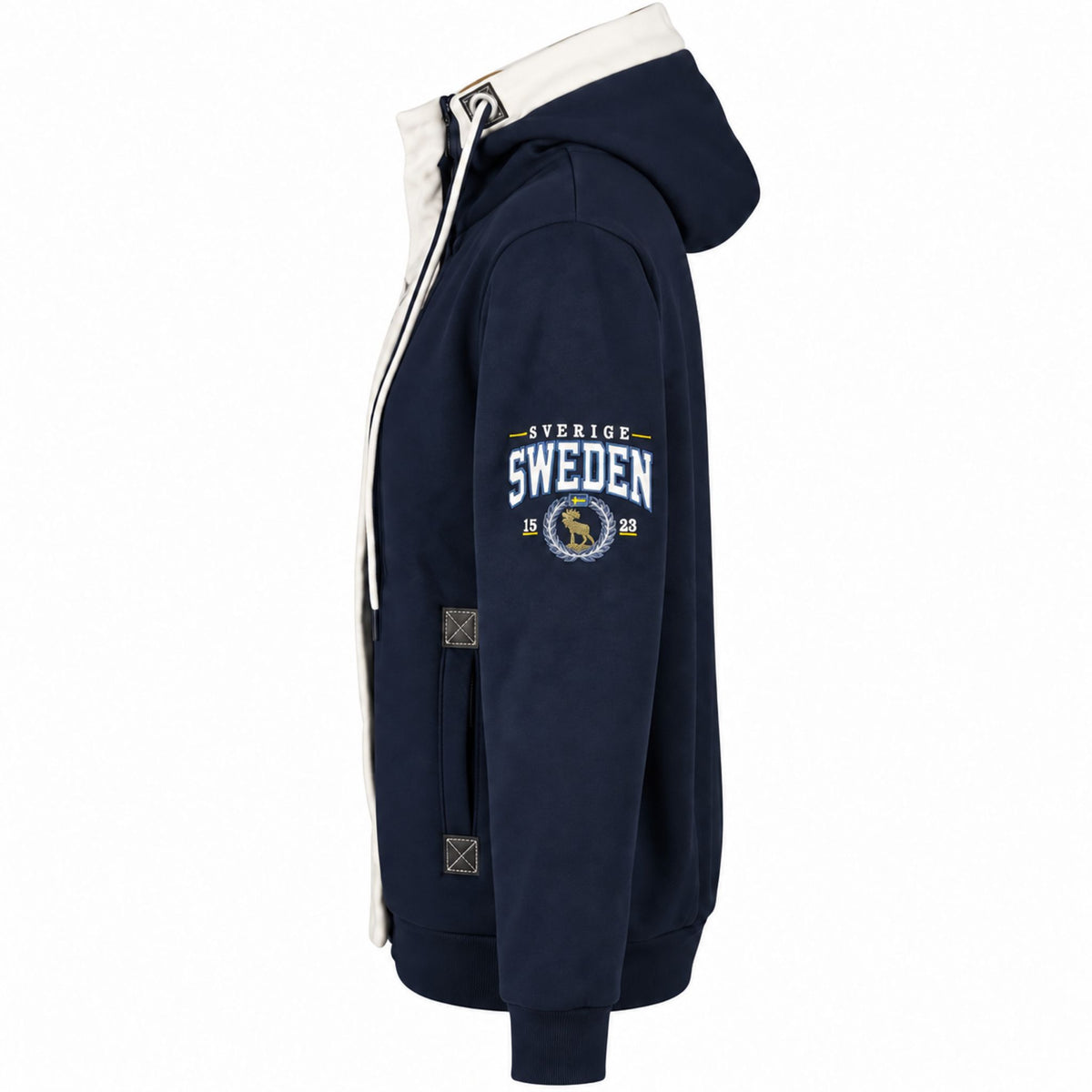 Marinblå Zipper Hoodie med dragskedja, vit rem framtill och tryck på ärmen.