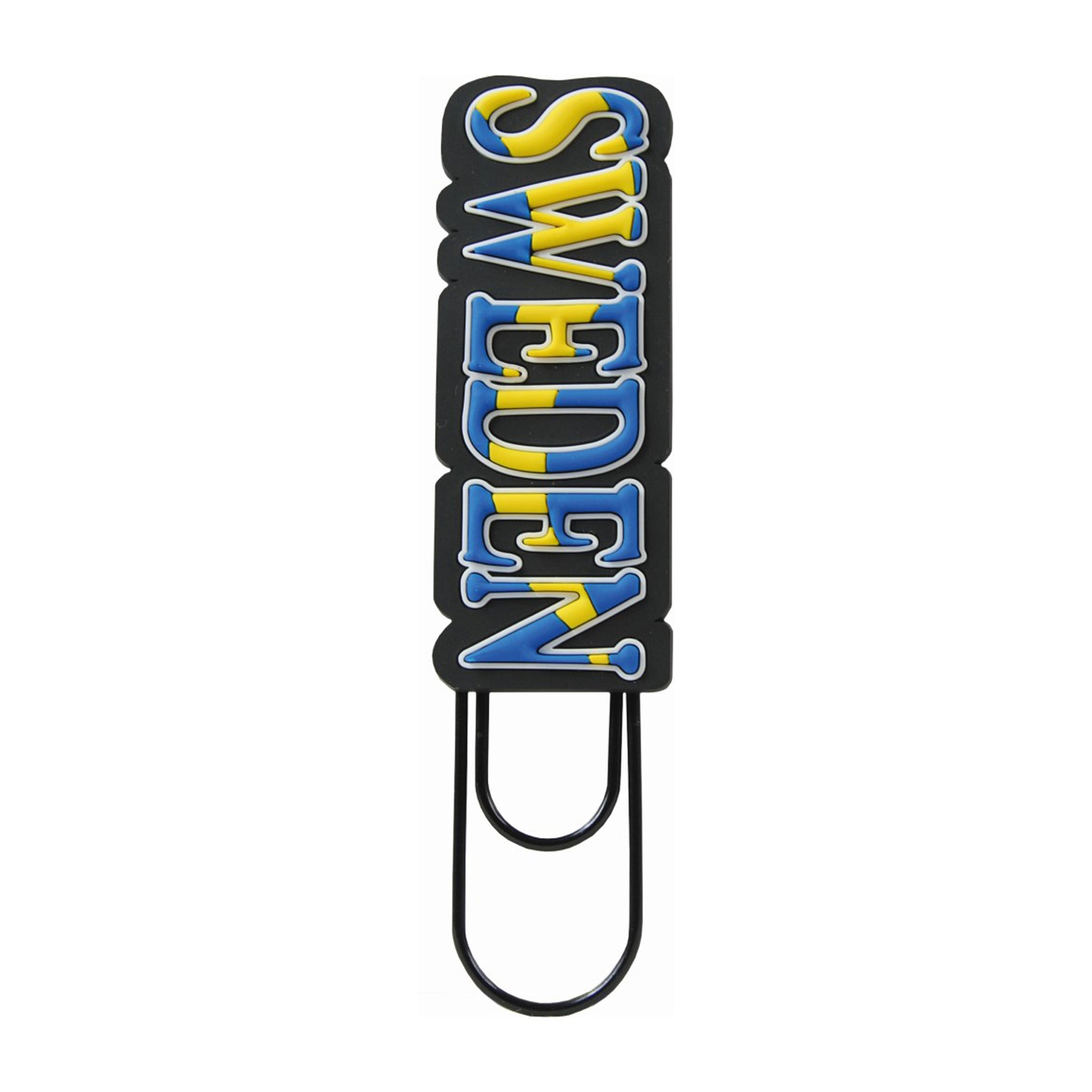 Svart memoclip med texten "Sverige Sweden" i blått och gult, höjd 13,5 cm. Perfekt för kom ihåg-lappar.
