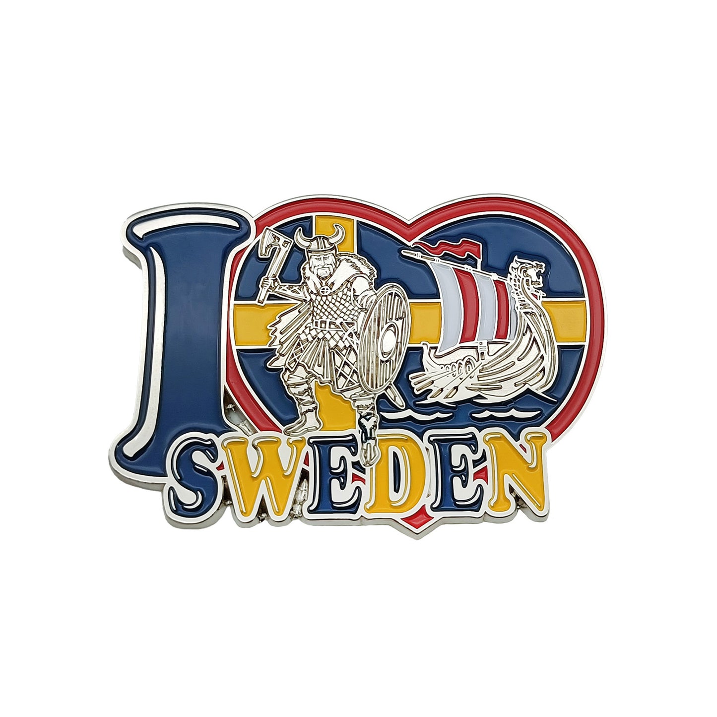 Metallmagnet med texten I Love Sweden och motiv av en viking – en stilren och klassisk souvenir med svensk touch.