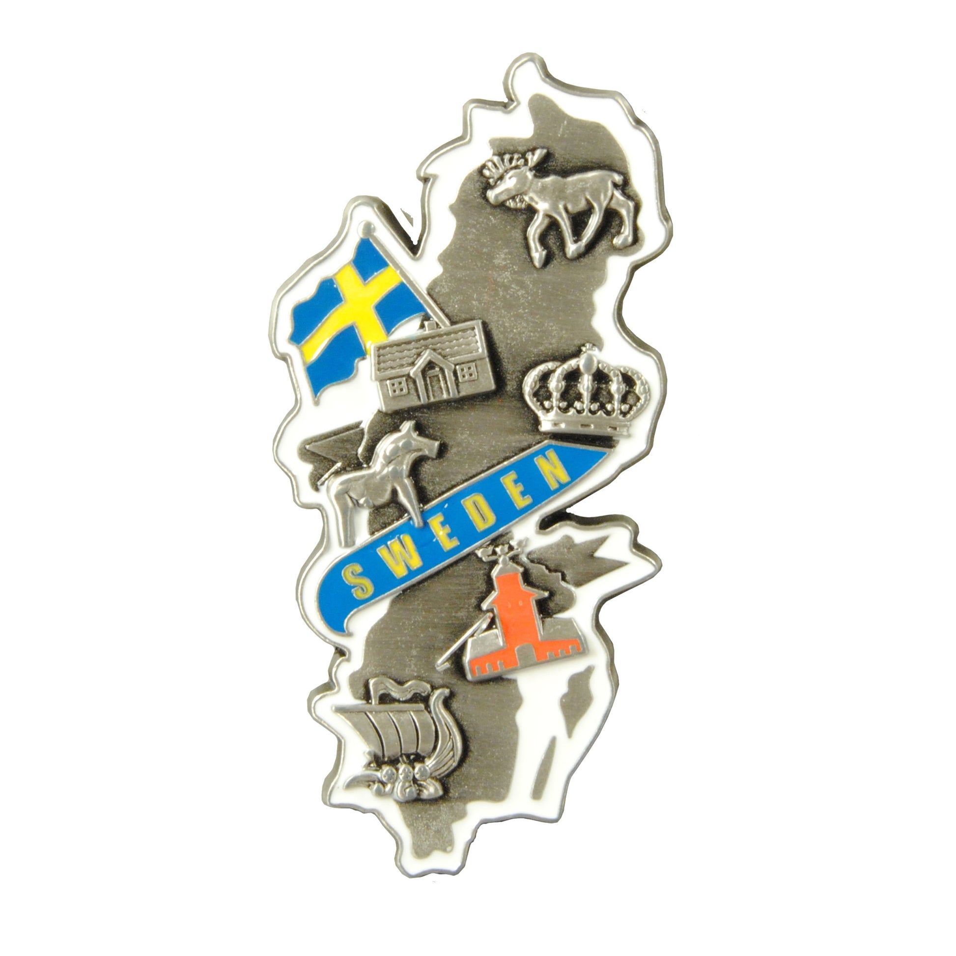 Metallmagnet i form av Sveriges karta, med stilren design och tydliga konturer.