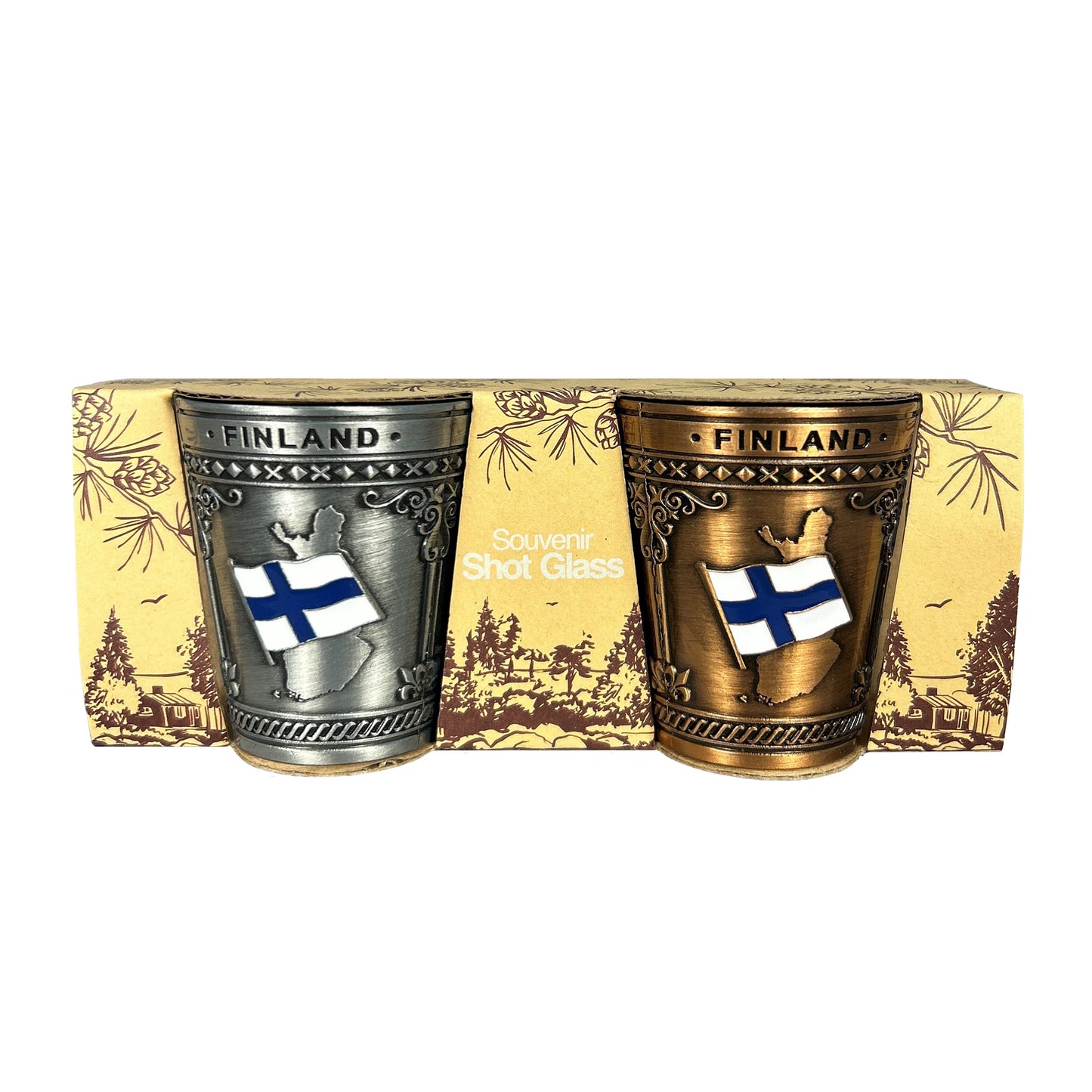 2-pack metall shotglas i silver och brons. Kanten upptill pryds av texten "FINLAND" medan glasens framsida pryds av tre finska motiv: Finlands karta med en flagga, domkyrkan i Helsingfors och ett renhuvud. Visas här i sin förpackning med texten "Souvenir Shot Glass".