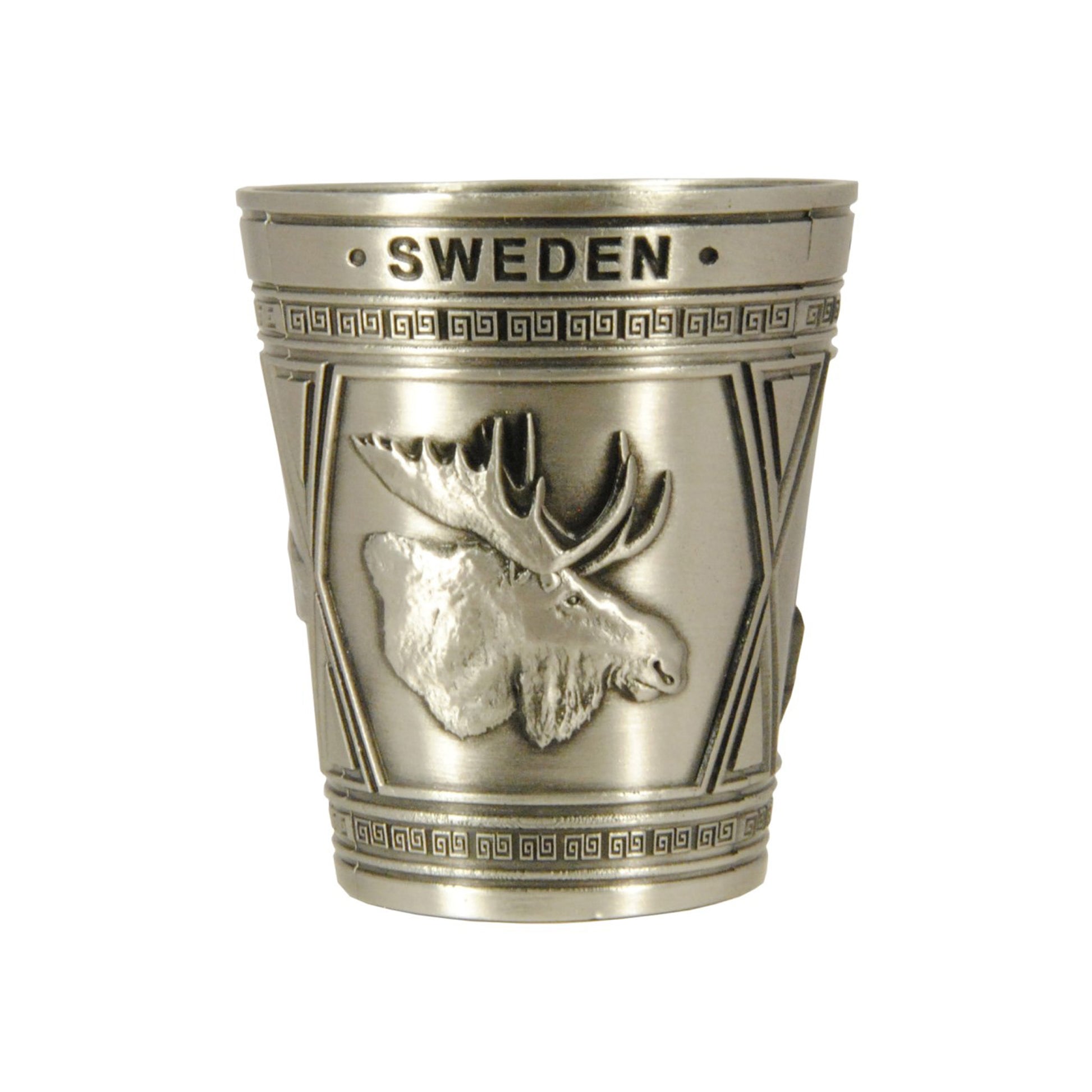 Shotglas i metall med ett av tre motiv: en älg och texten "Sweden".