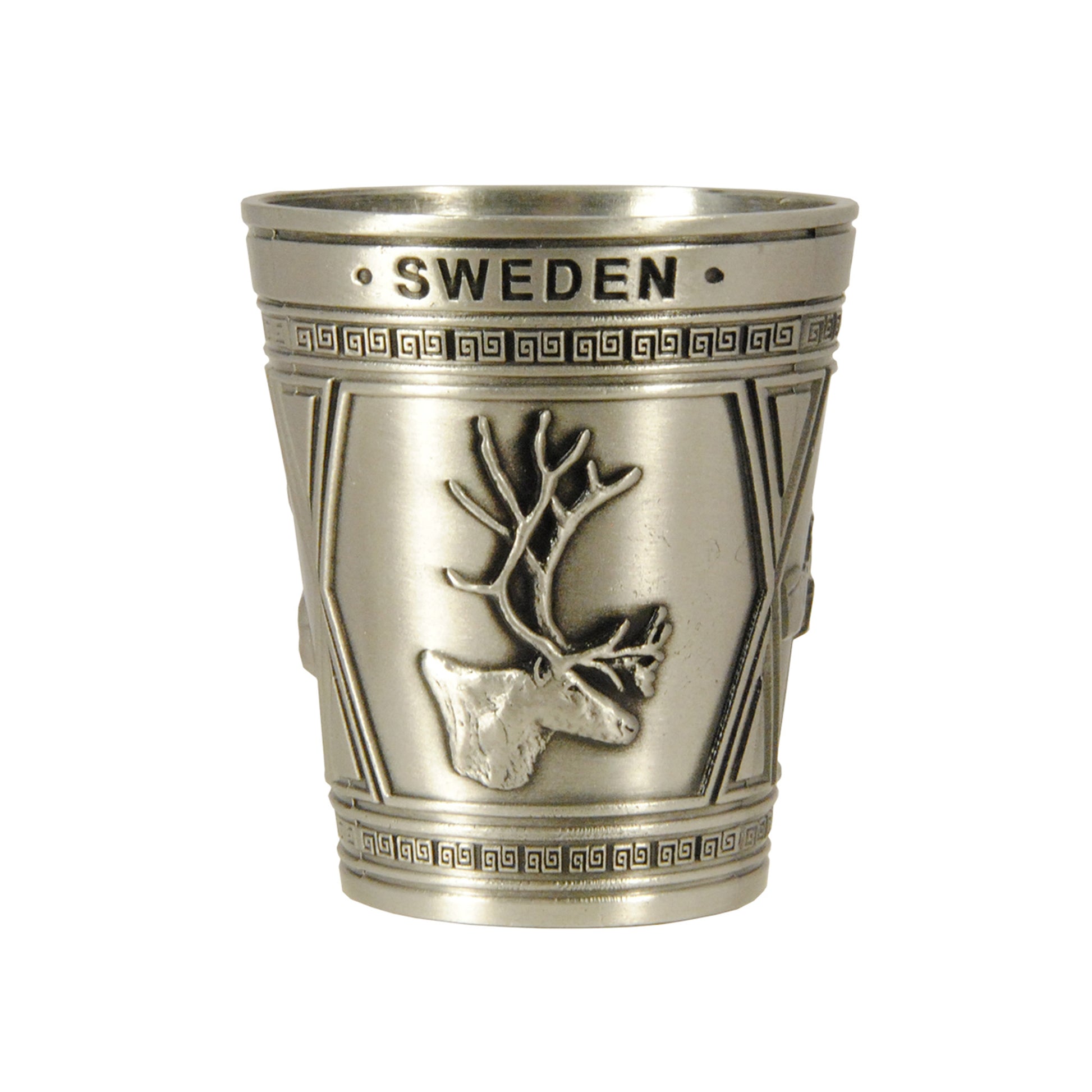 Shotglas i metall med ett av tre motiv: en ren och texten "Sweden".