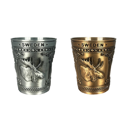 2-pack silver och bronsfärgat shotglas dekorerat med ett älghuvud och texten Sweden. 