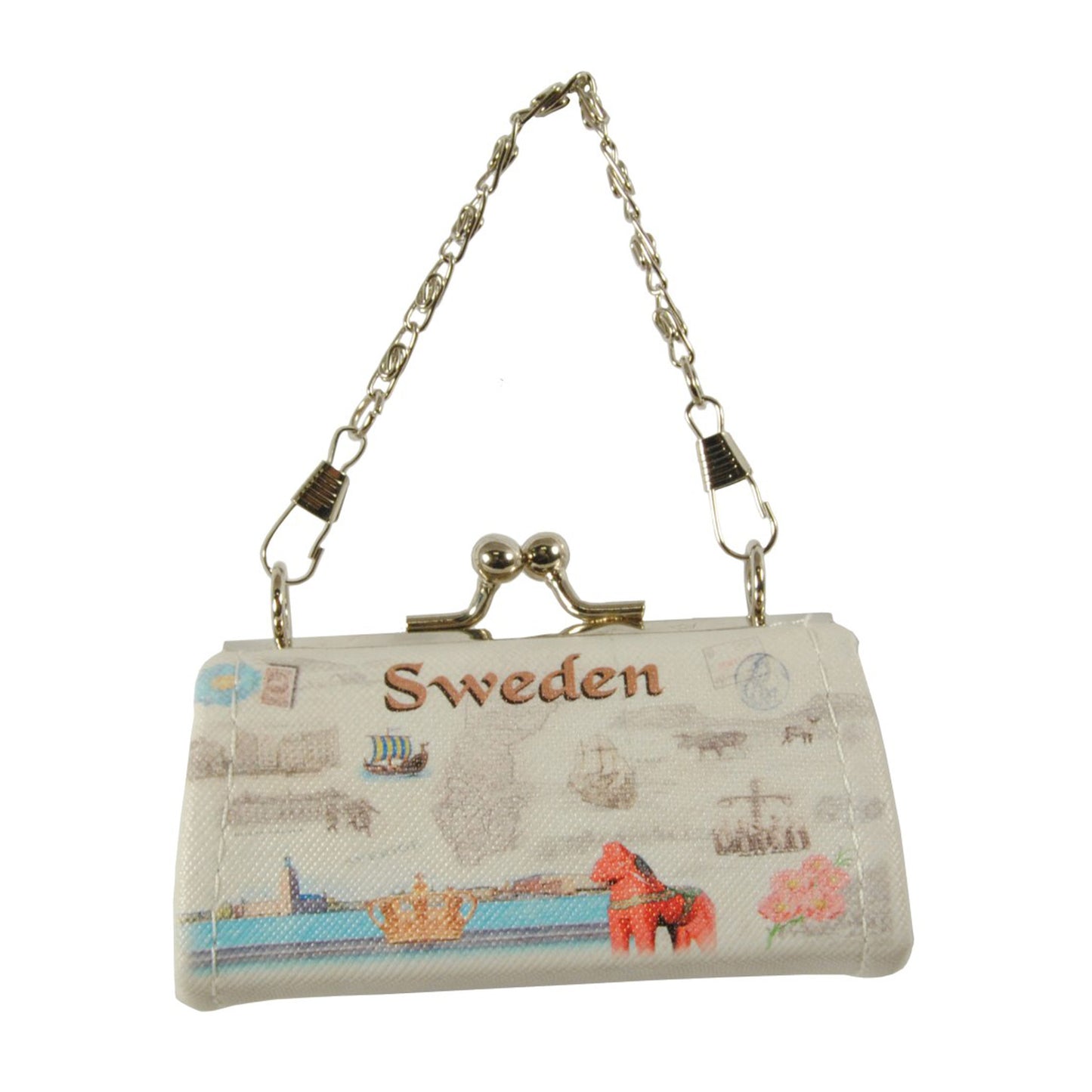 Beige mini aftonväska i storlek 9,5 x 4,5 cm, dekorerad med Sverigekarta och typiskt svenska motiv som dalahäst, vikingaskepp, älgar och midsommarstång. Texten "SWEDEN" syns bland motiven. Perfekt för småsaker som läppstift eller mynt.
