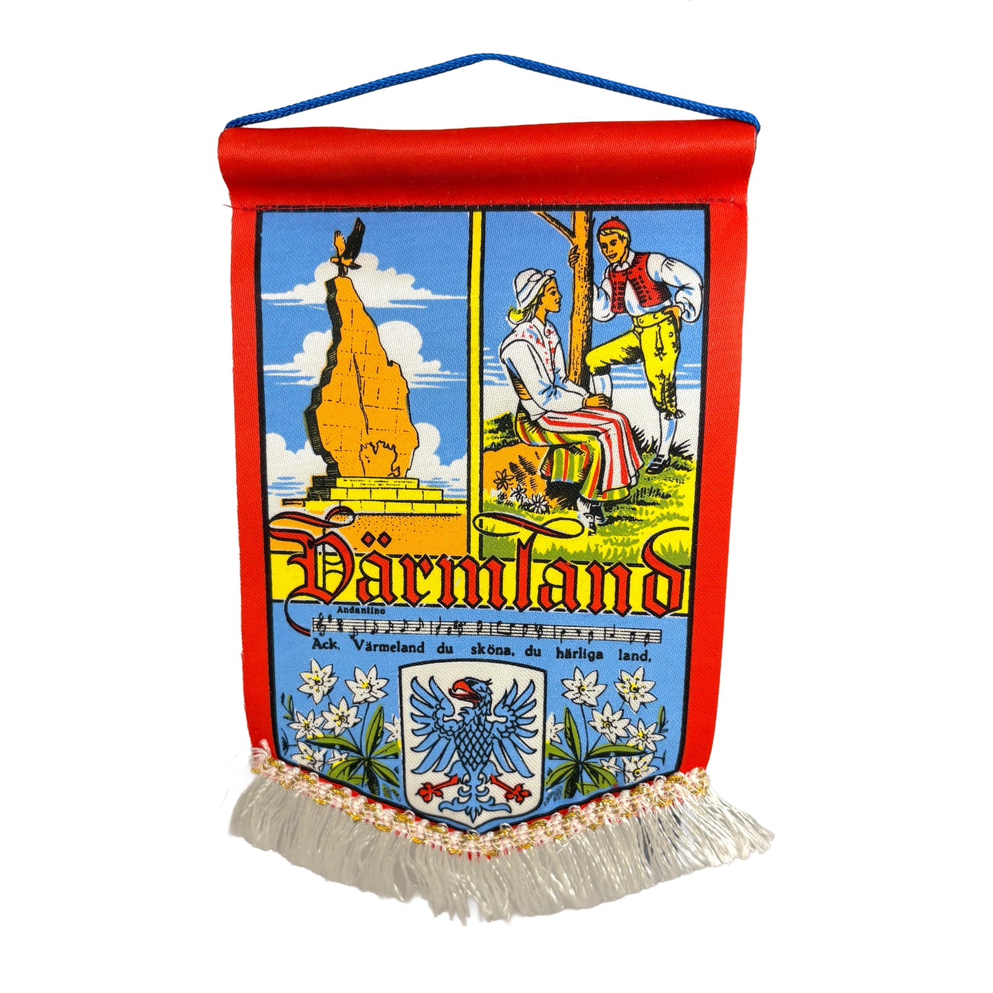 Röd mini fana med vita fransar och motiv från Värmland samt texten "Värmland".

