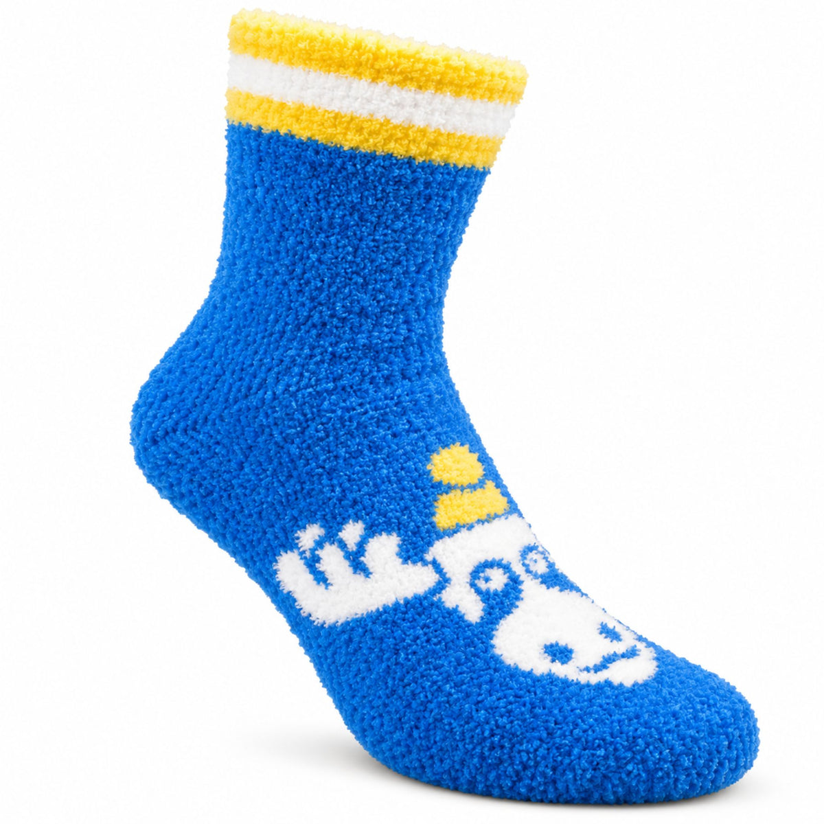 Mjuk blå socka med motiv av en älg och halkskydd.