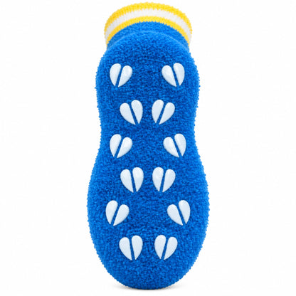 Halkskyddet (ABS-sulan) under mjuk socka i blått med motiv av älg mitt på foten.