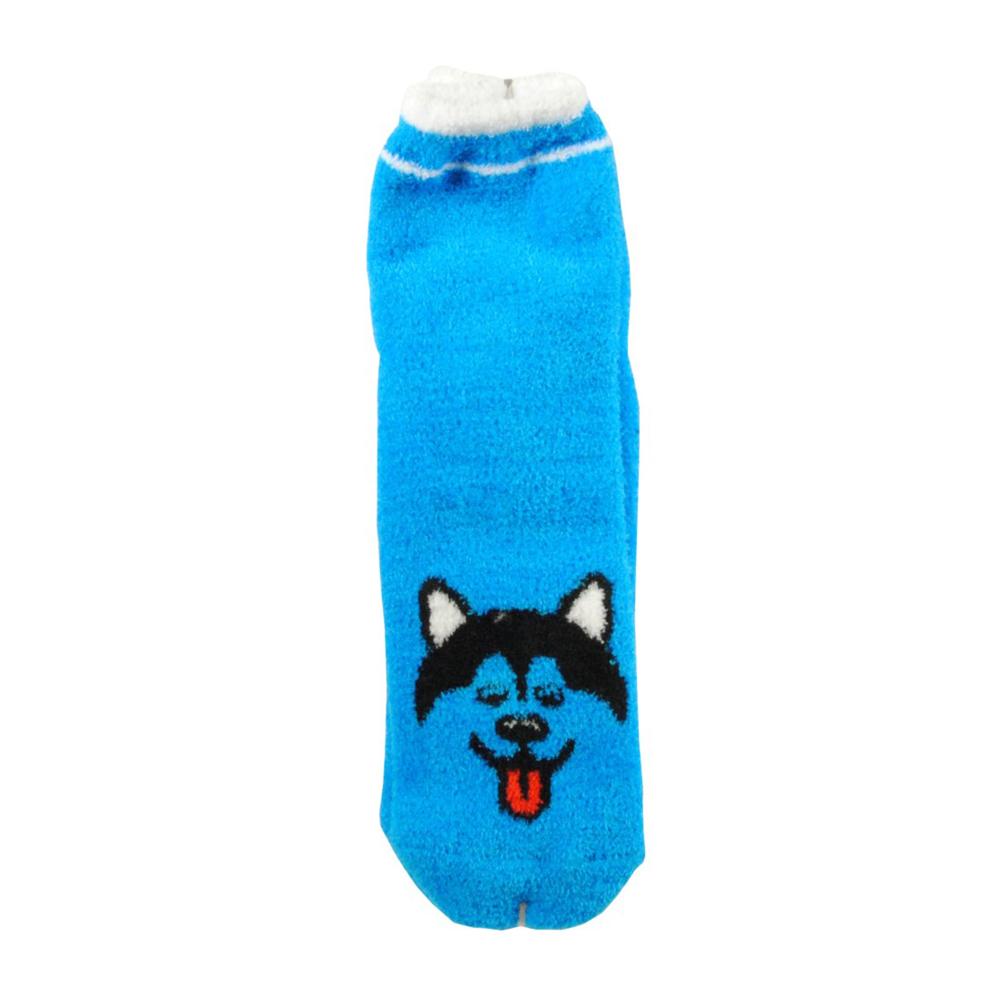 Blå socka med huskymotiv och halkskydd, visad liggande utan fot i, storlek 36–40.