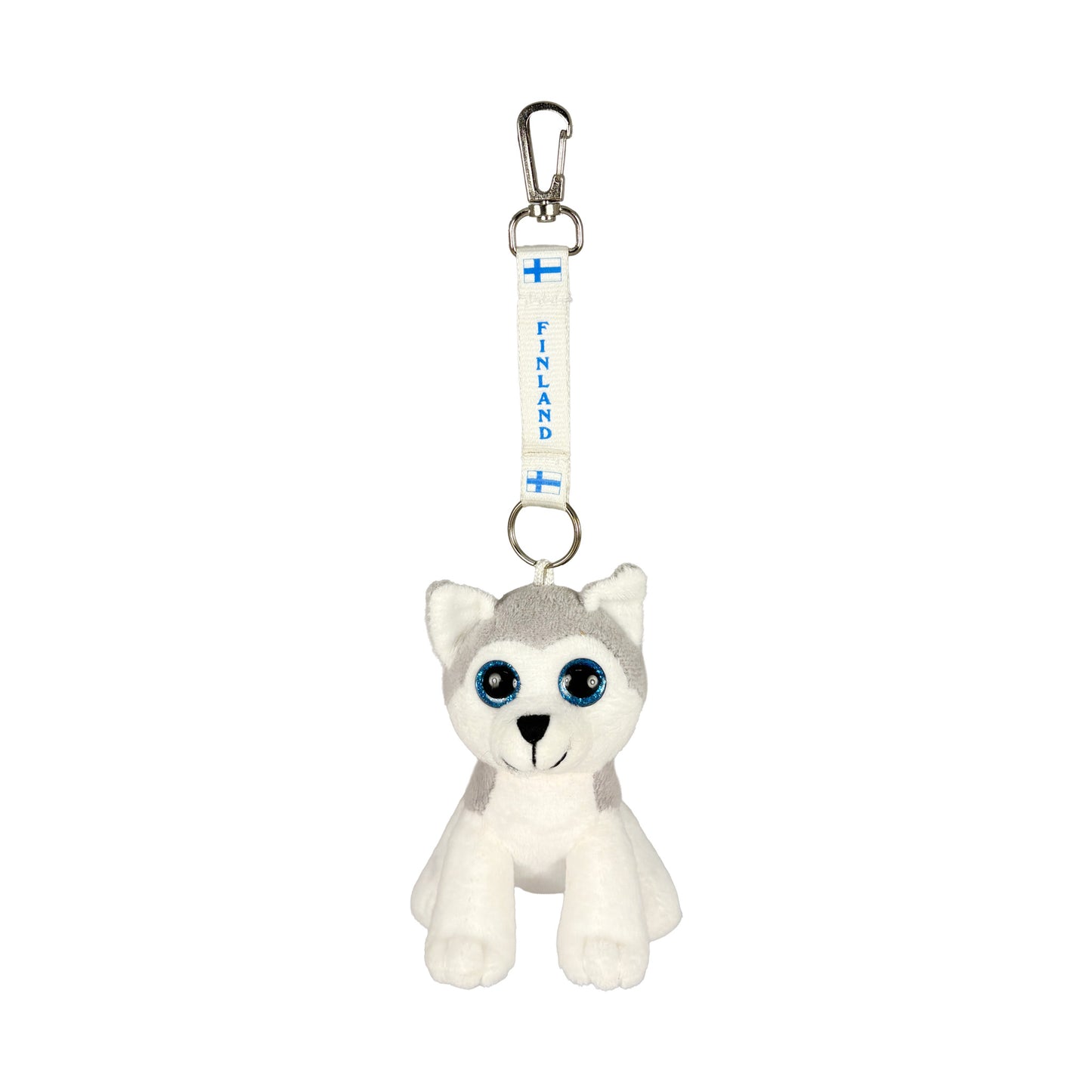 Nyckelring med huskyvalp-gosedjur och vitt keyband Finland med blå text och finska flaggor – vy framifrån.