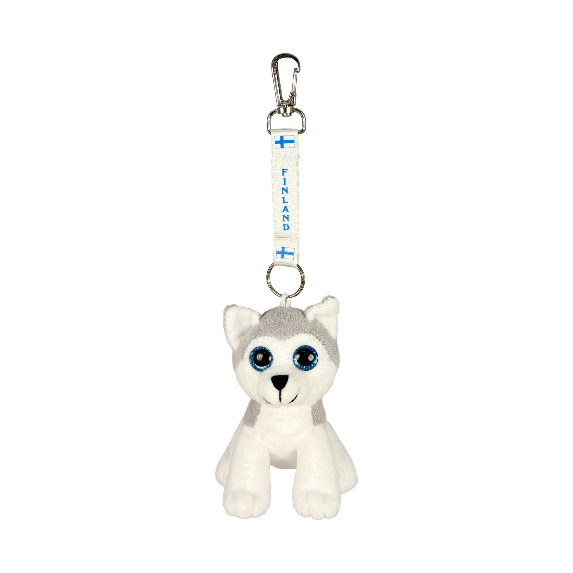 Nyckelring med huskyvalp-gosedjur och vitt keyband Finland med blå text och finska flaggor – vy framifrån.
