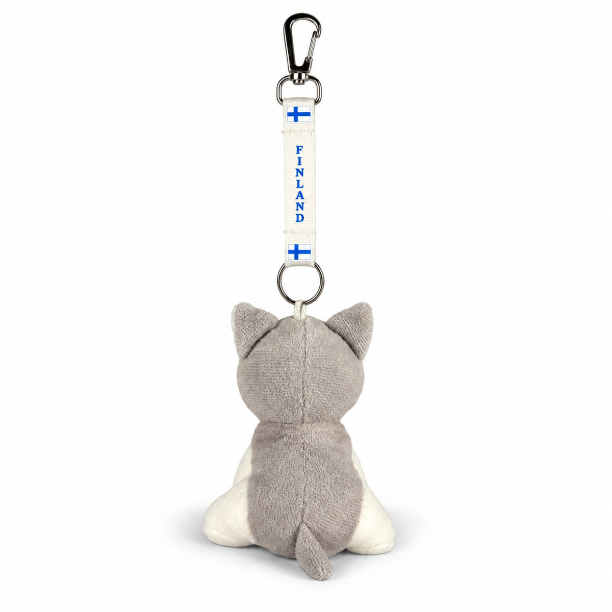 Nyckelring med huskyvalp-gosedjur och vitt keyband Finland – vy bakifrån.