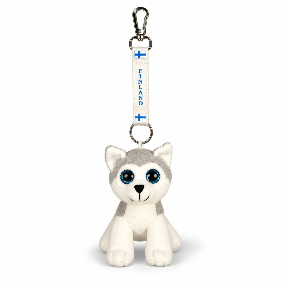 Nyckelring med huskyvalp-gosedjur och vitt keyband Finland med blå text och finska flaggor – vy framifrån.