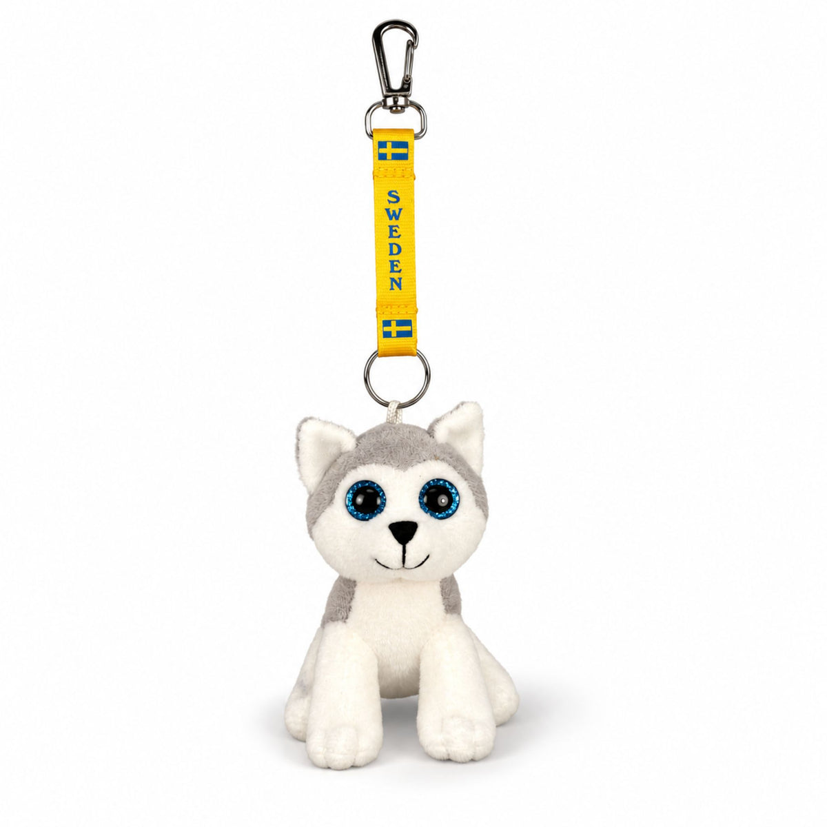 Nyckelring med huskyvalp-gosedjur och gult keyband Sweden med blå text och svenska flaggor – vy framifrån