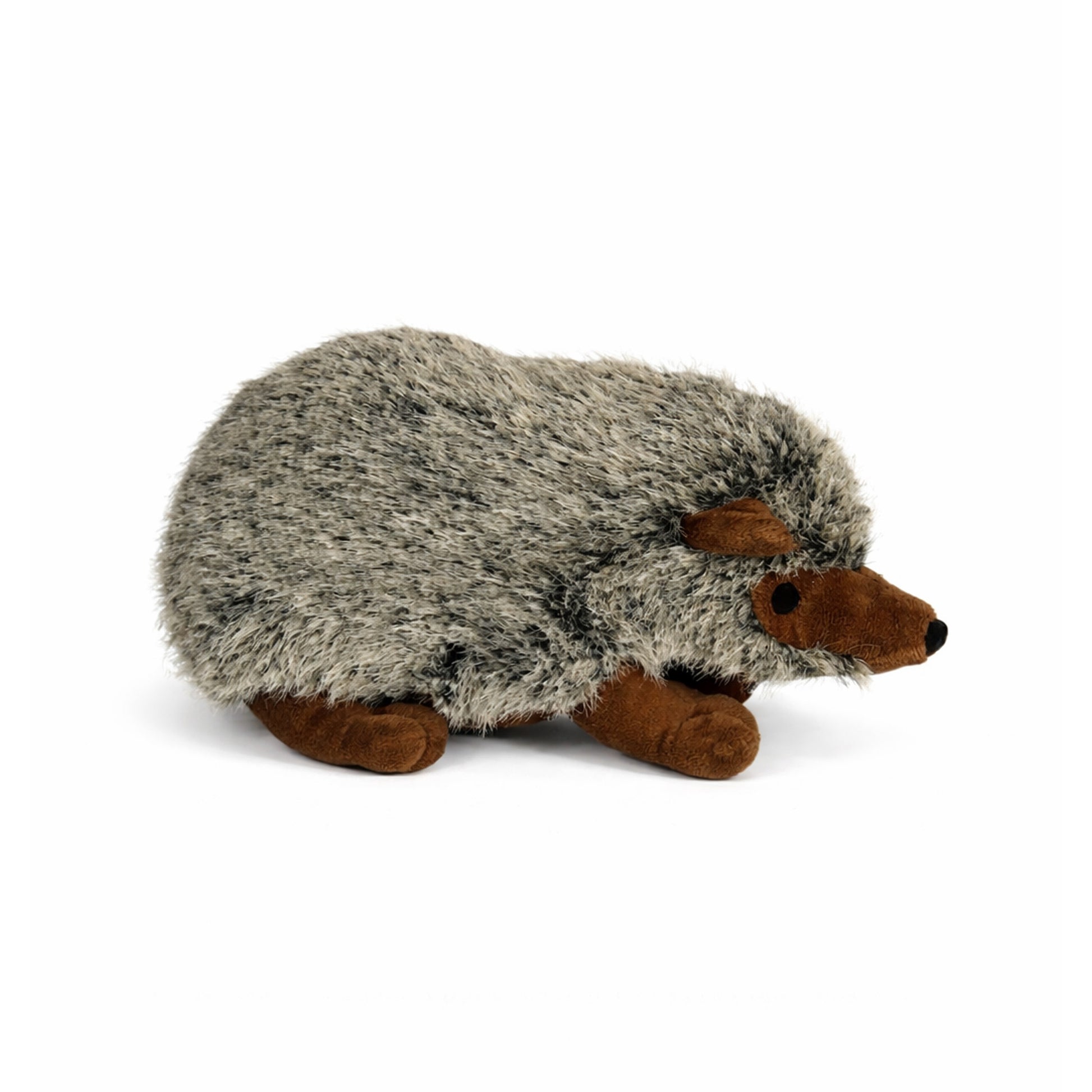 Gosedjurs igelkottar med grå päls, bruna öron, nos och ben, sedd från sidan.