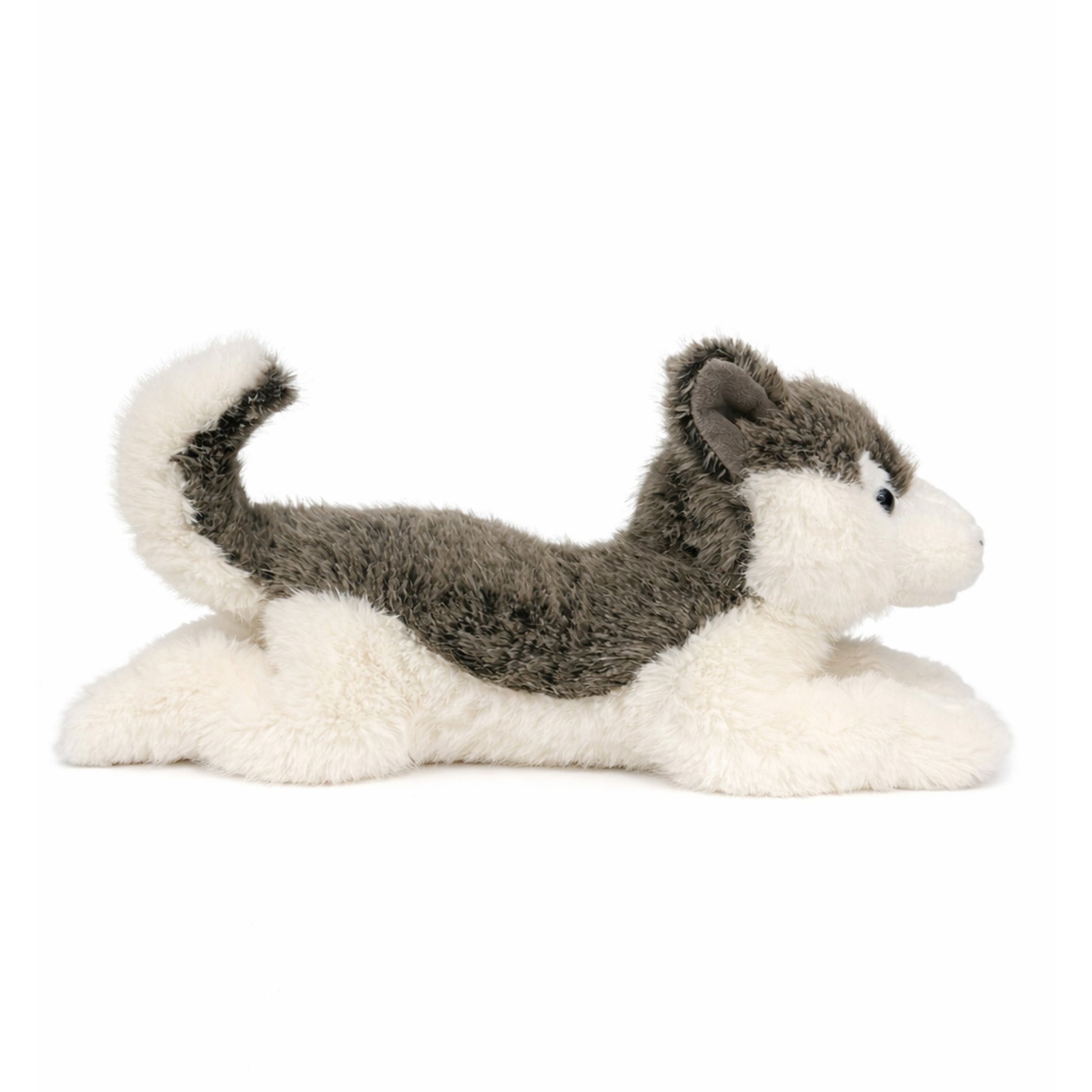 Grå/vit liggande gosedjurs husky med blåa ögon, sedd från sidan.