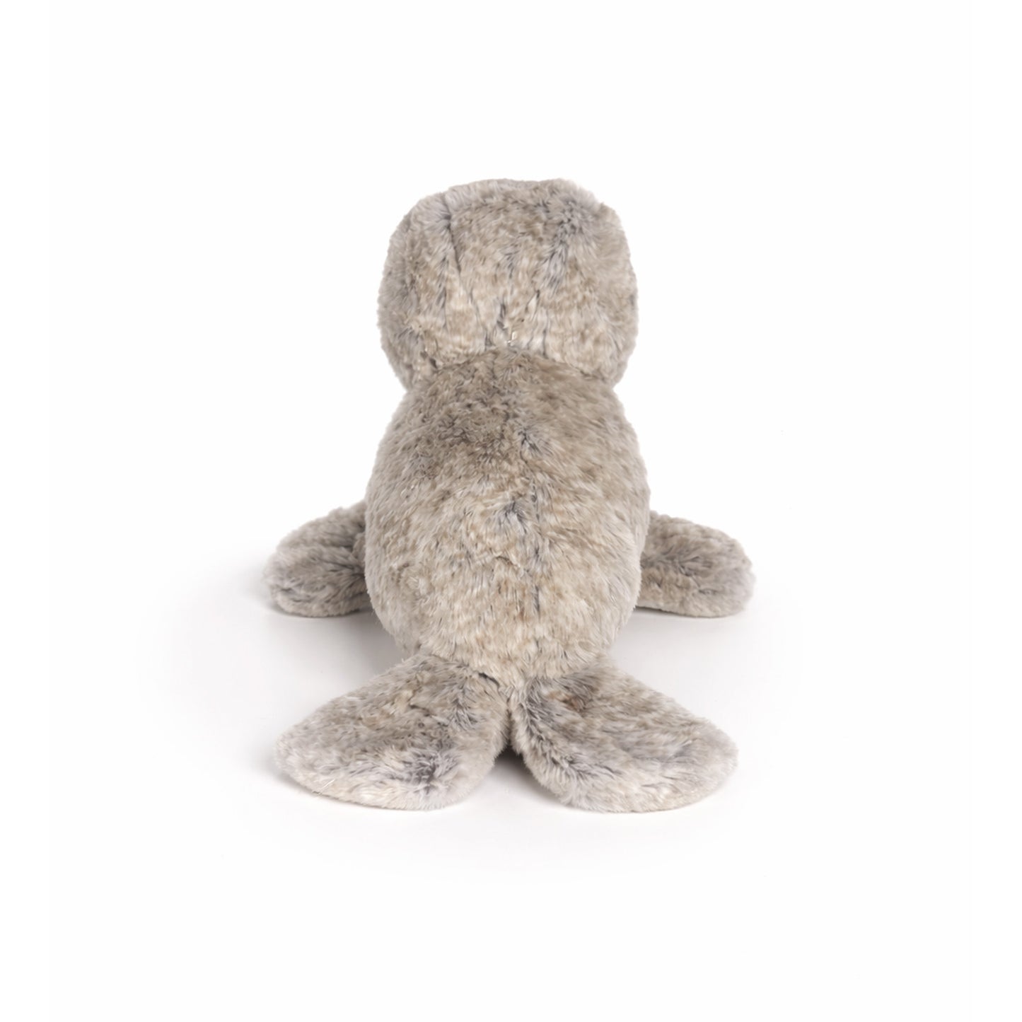 Liggande gosedjurssäl, 21 cm lång, i mjukt grått material. En charmig säl med vänligt ansikte – perfekt som present eller souvenir. Sedd bakifrån
