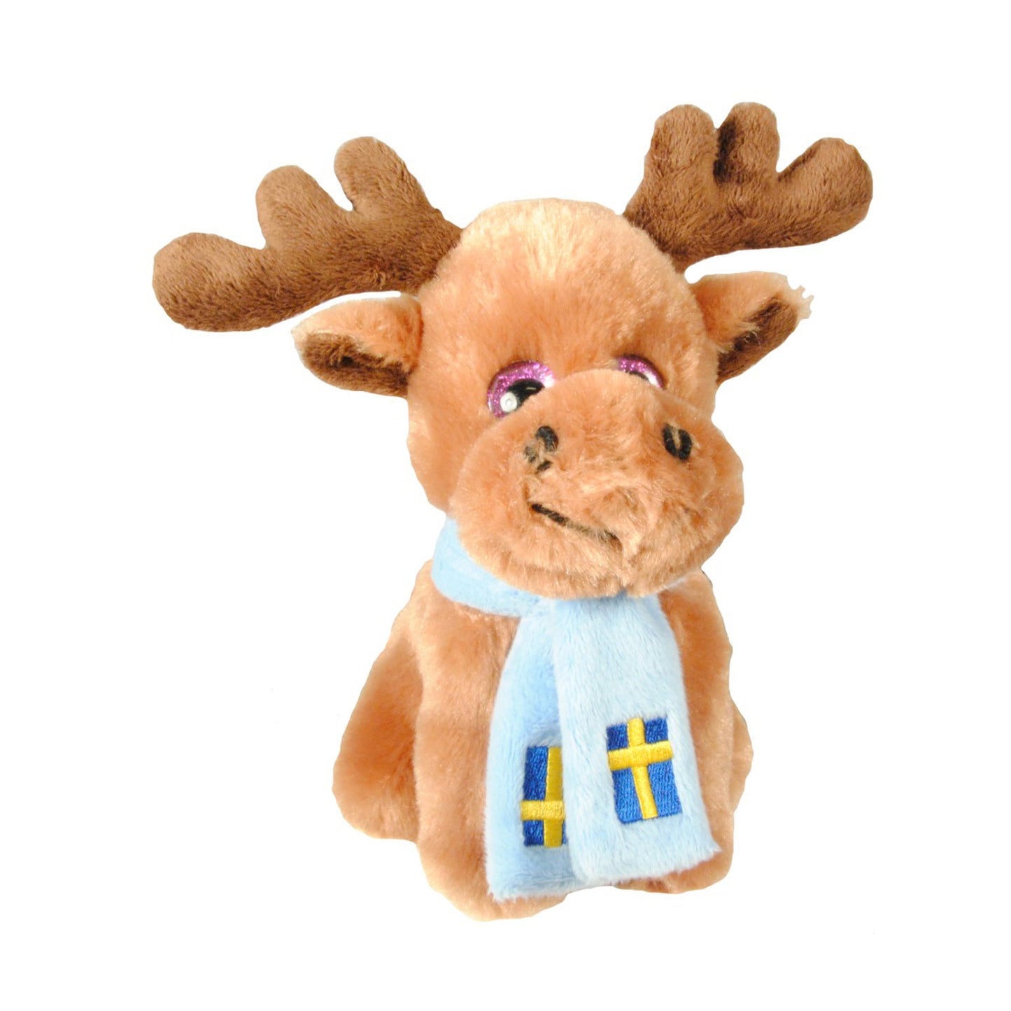 Sittande gosedjursälg på 17 cm med svensk flagga – ett mjukt och tokigt sött gosedjur som passar perfekt som souvenir eller present från Sverige.