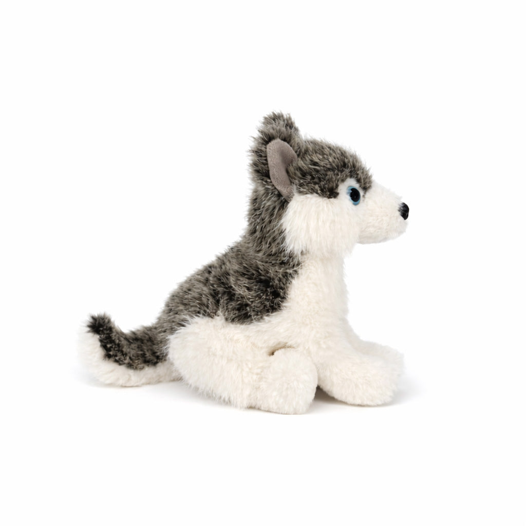 Liten grå gosedjurs husky på 17 cm sedd från sidan.