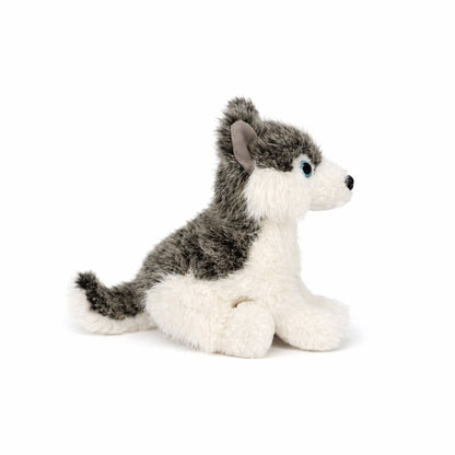 Liten grå gosedjurs husky på 17 cm sedd från sidan.