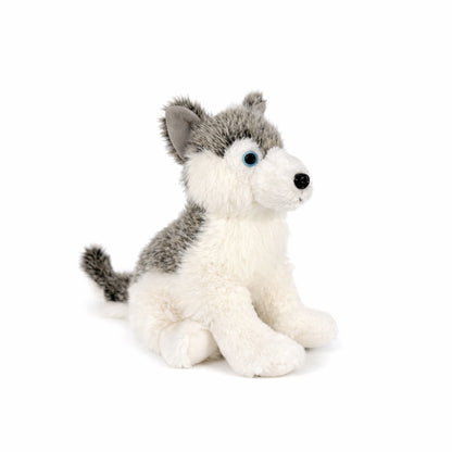 Stor grå gosedjurs husky sedd snett framifrån.