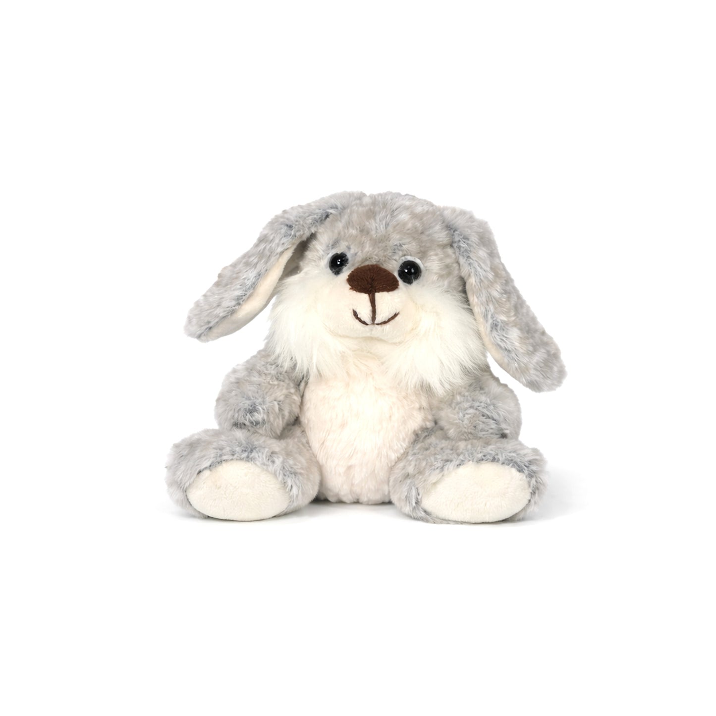 Mjuk, sittande gosedjurskanin i grått, 14 cm hög, med charmigt utseende och kramvänligt material.