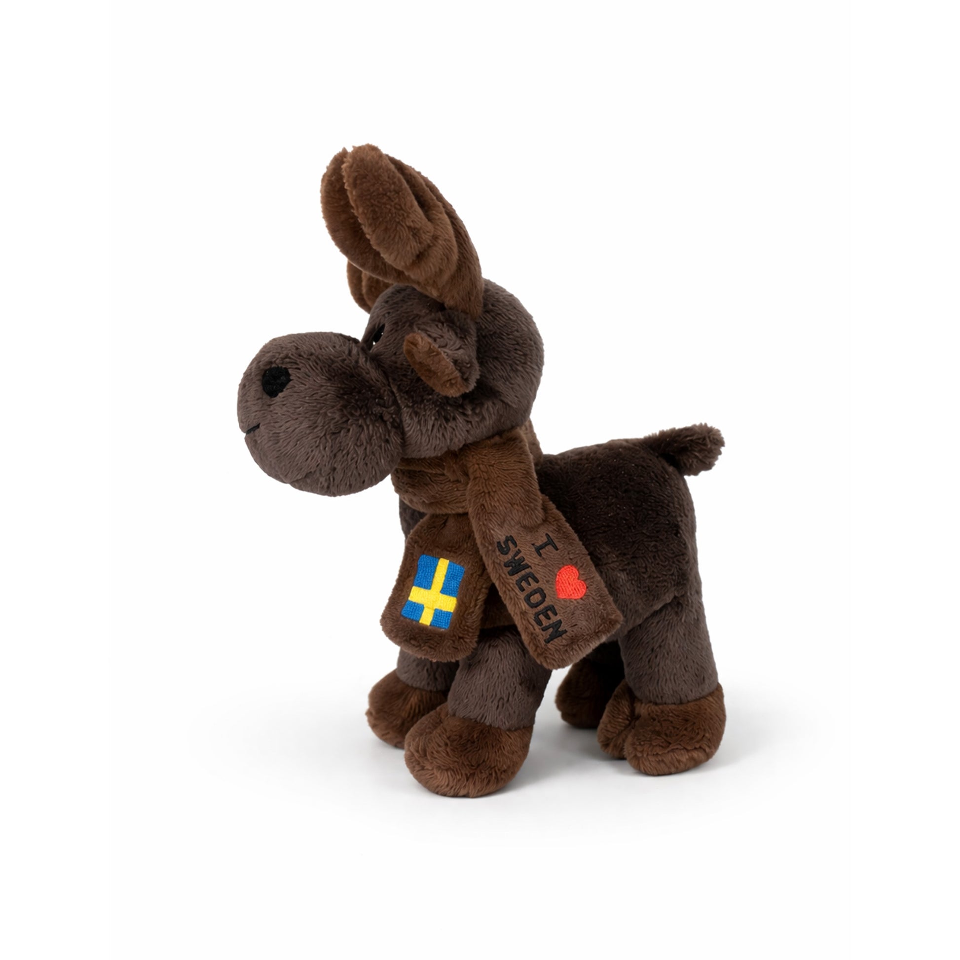 Mörkbrun gosedjursälg med halsduk “I love Sweden” och svensk flagga.