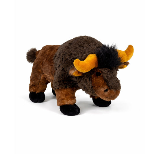 Brun gosedjurs bison sedd snett framifrån.  