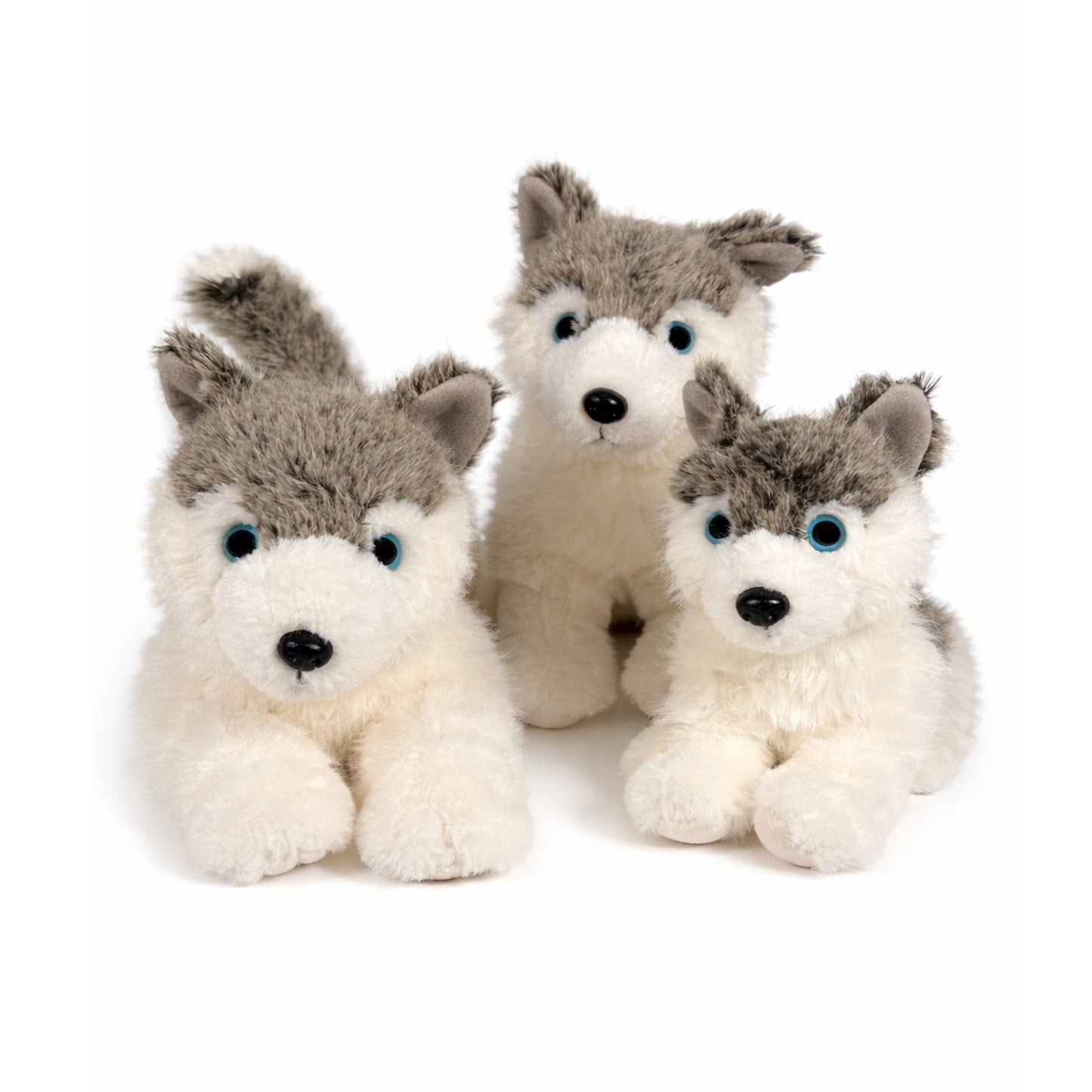 Våra tre grå/vita gosedjurs husky, en liggande och två sittande i olika storlekar. 