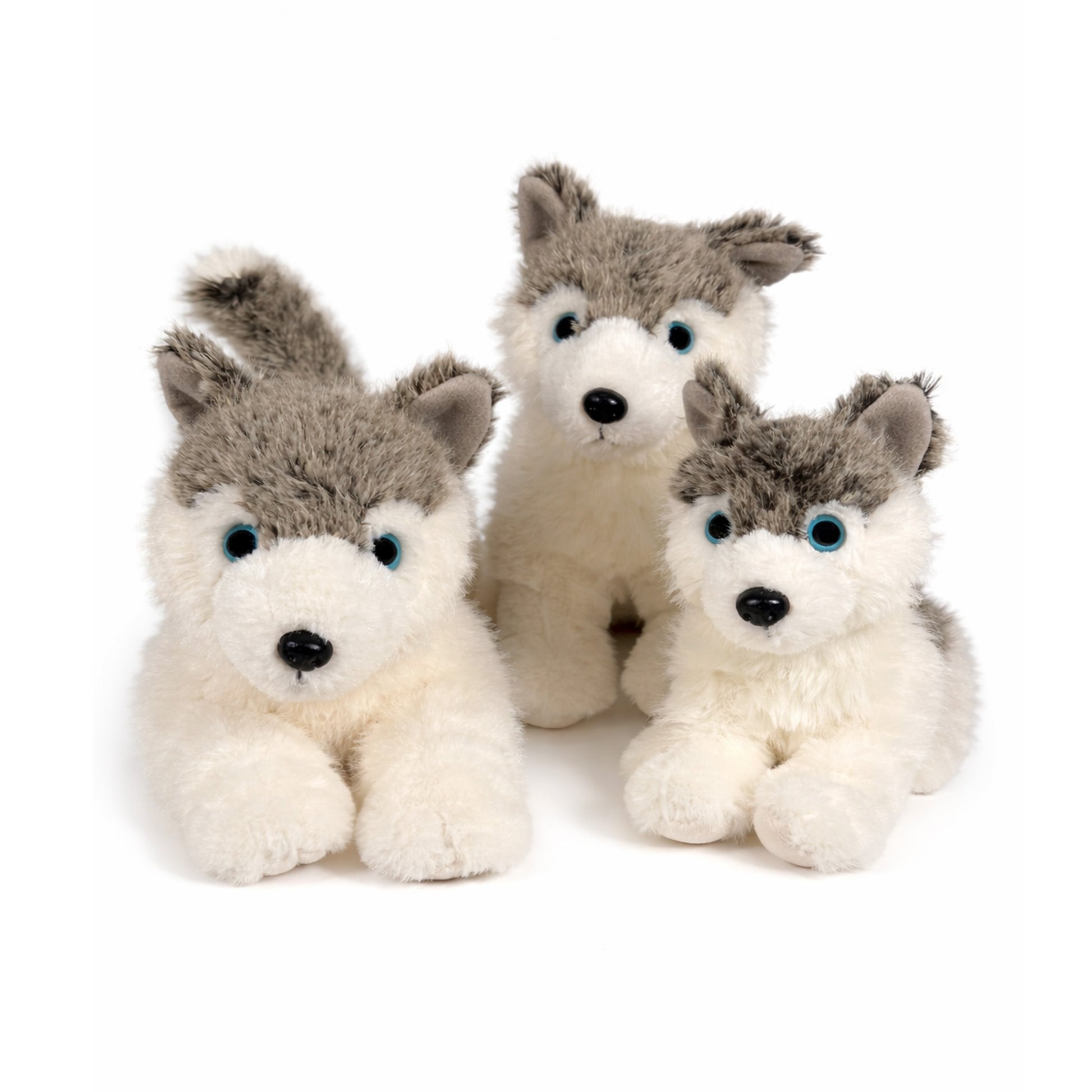 Våra tre grå/vita gosedjurs husky, en liggande och två sittande i olika storlekar. 