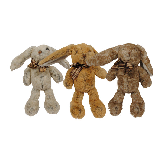 Tre mjuka gosedjurskaniner i mörkbrun, ljusbrun och grå färg, alla med rosett.