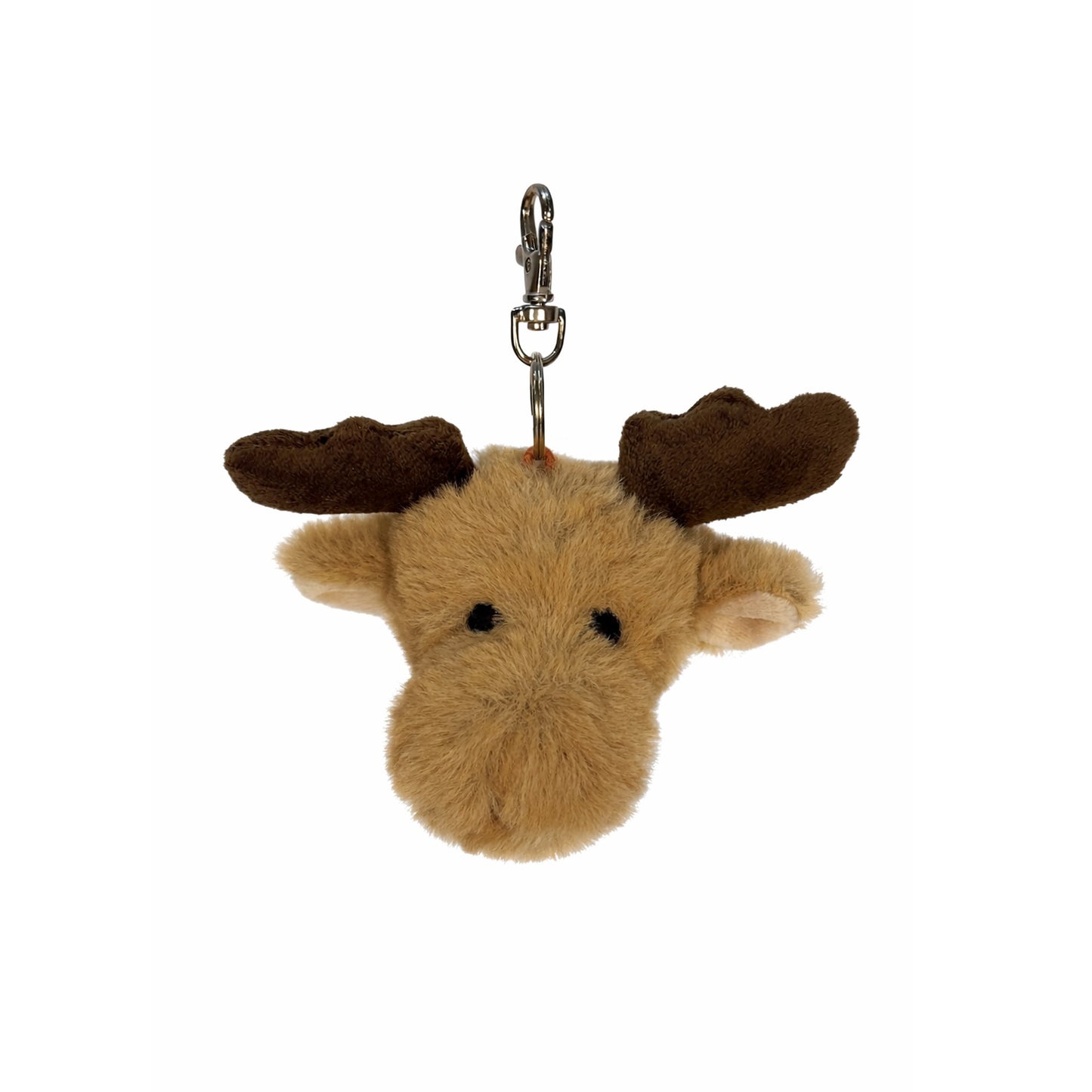 Gosedjurs nyckelring med ett älghuvud med beige päls och bruna horn. 