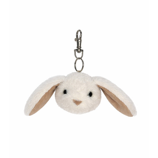 Gosedjurs kaninhuvud med vit päls och rosa öron och nos.