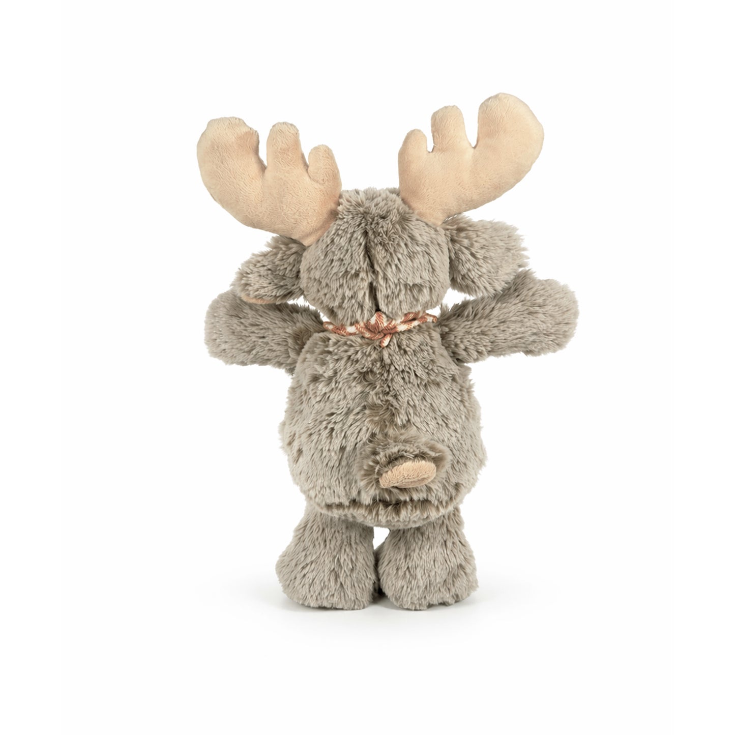 Gosedjursälg iklädd rutig scarf med finska flaggan. Sedd bakifrån