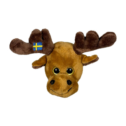 Brun älghuvudmagnet i gosedjursstil med Sverige-design.