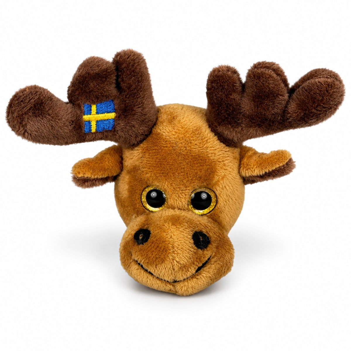 Brun älghuvudmagnet i gosedjursstil med Sverige-design.