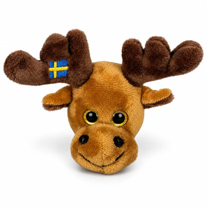 Brun älghuvudmagnet i gosedjursstil med Sverige-design.