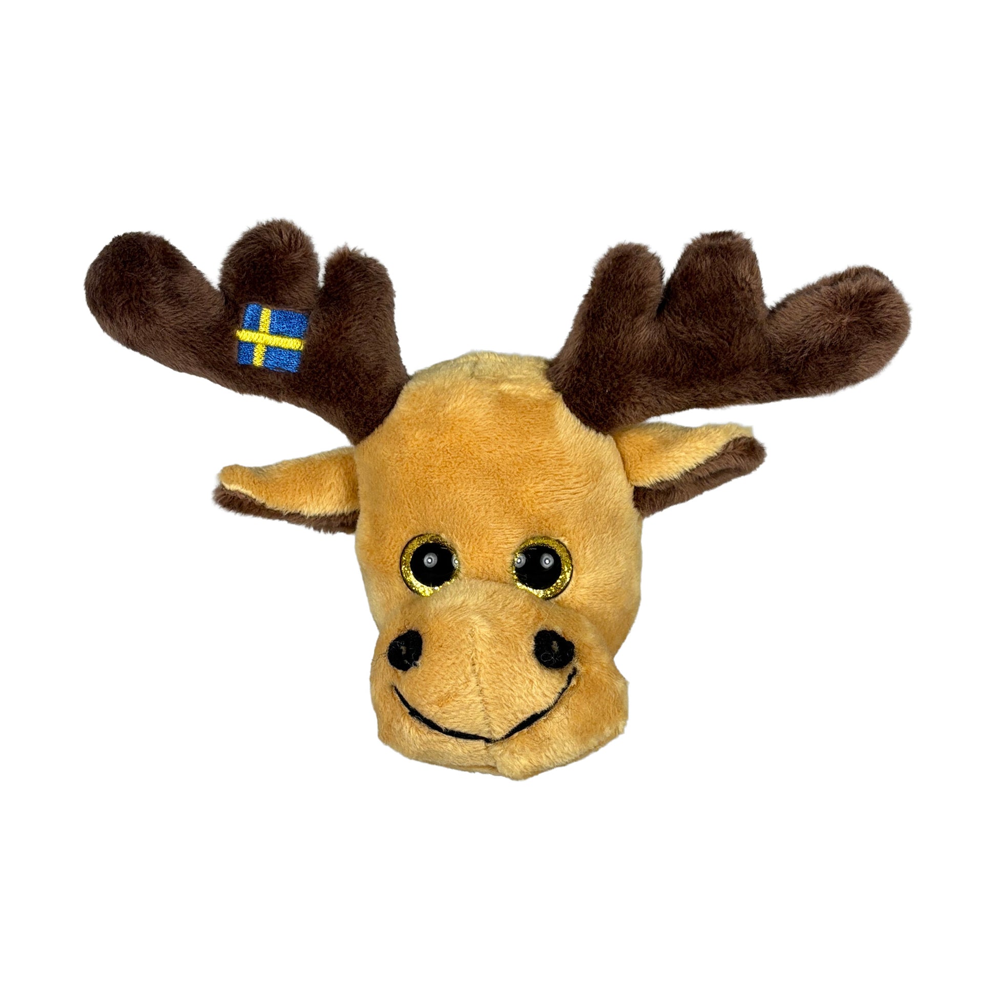 Ljusbrun älghuvudmagnet i gosedjursstil med Sverige-design.