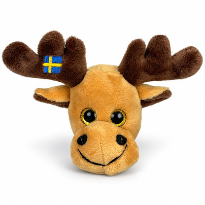Ljusbrun älghuvudmagnet i gosedjursstil med Sverige-design.