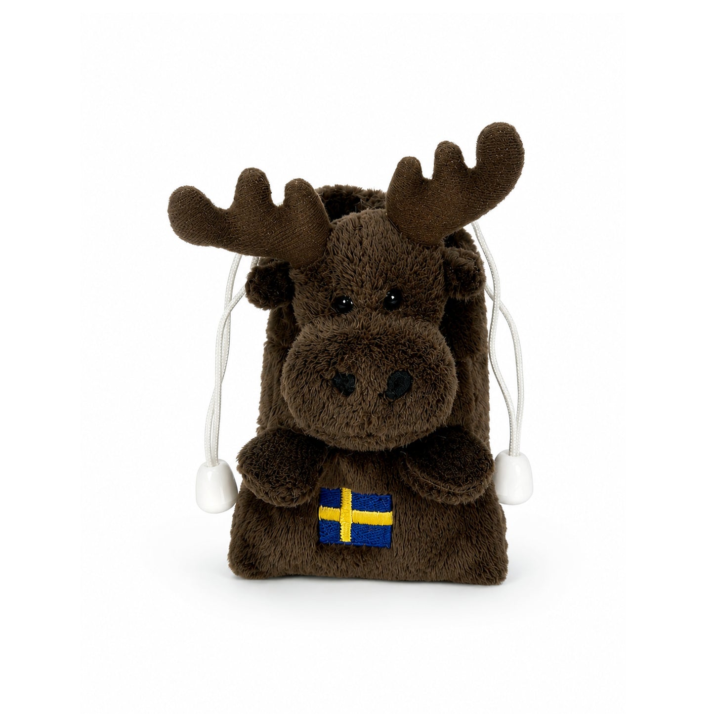 Mjuk väska/fodral formad som en älg där älghuvudet och benen är fast monterade på fodralet, vilket ger en tredimensionell och lekfull design. Perfekt som en unik och gosig souvenir med svensk prägel.