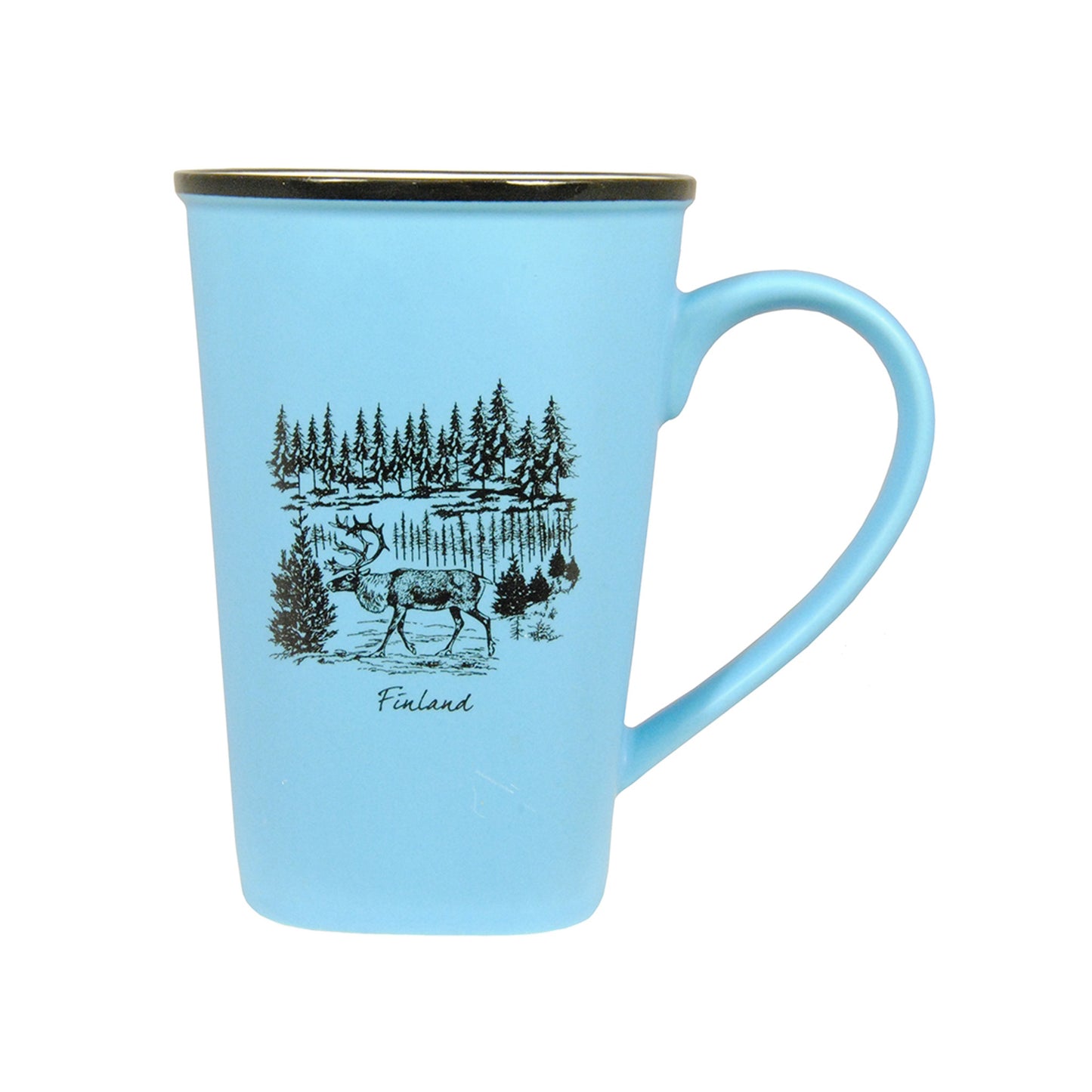 Ljusblå mugg med svart kant, motiv av ren i skog och texten "Finland". Denna produkt har utgått ur sortimentet.

