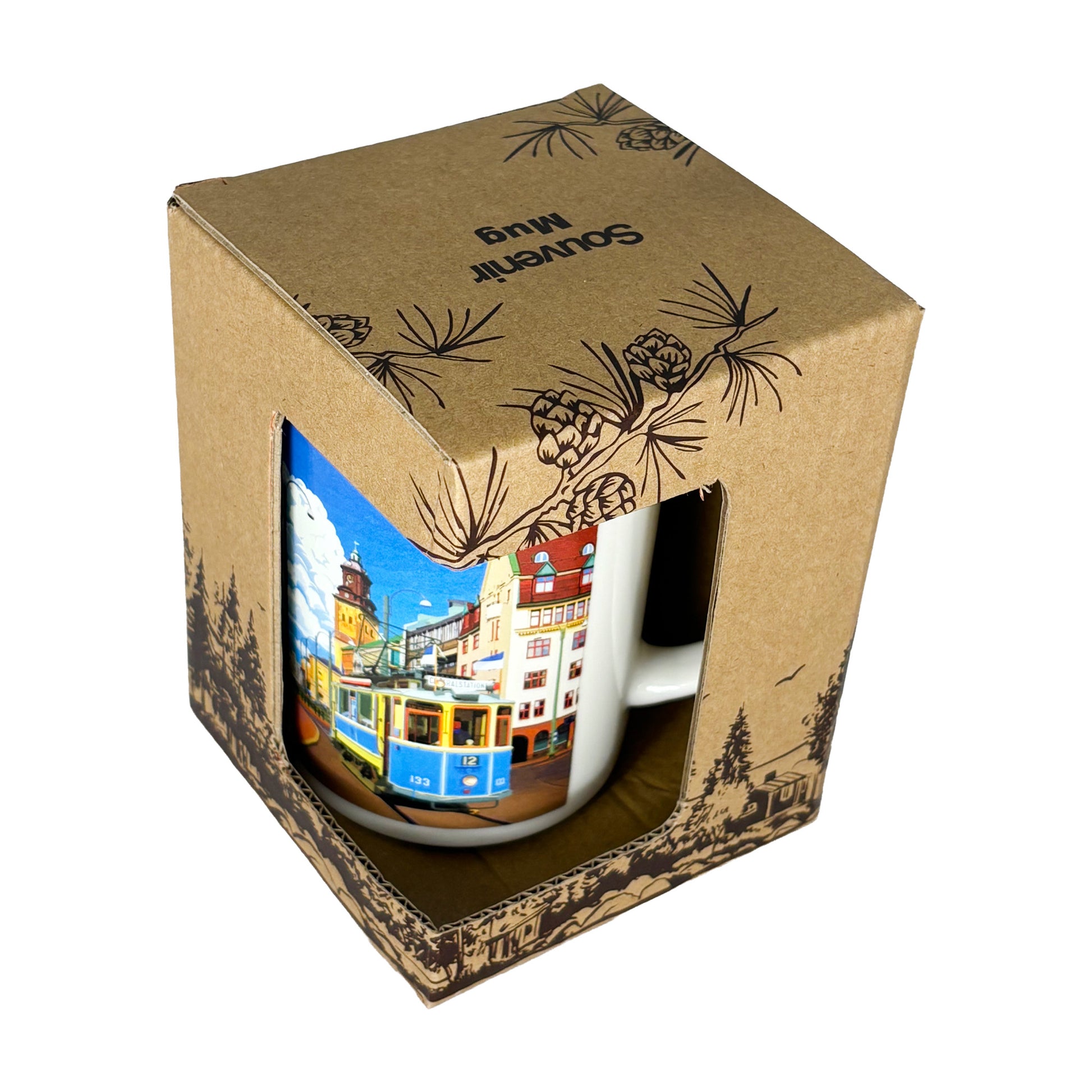 Souvenirmugg Göteborg Silverkant i presentförpackning, pappkartong med skogsmotiv och texten “Souvenir Mug” på toppen.