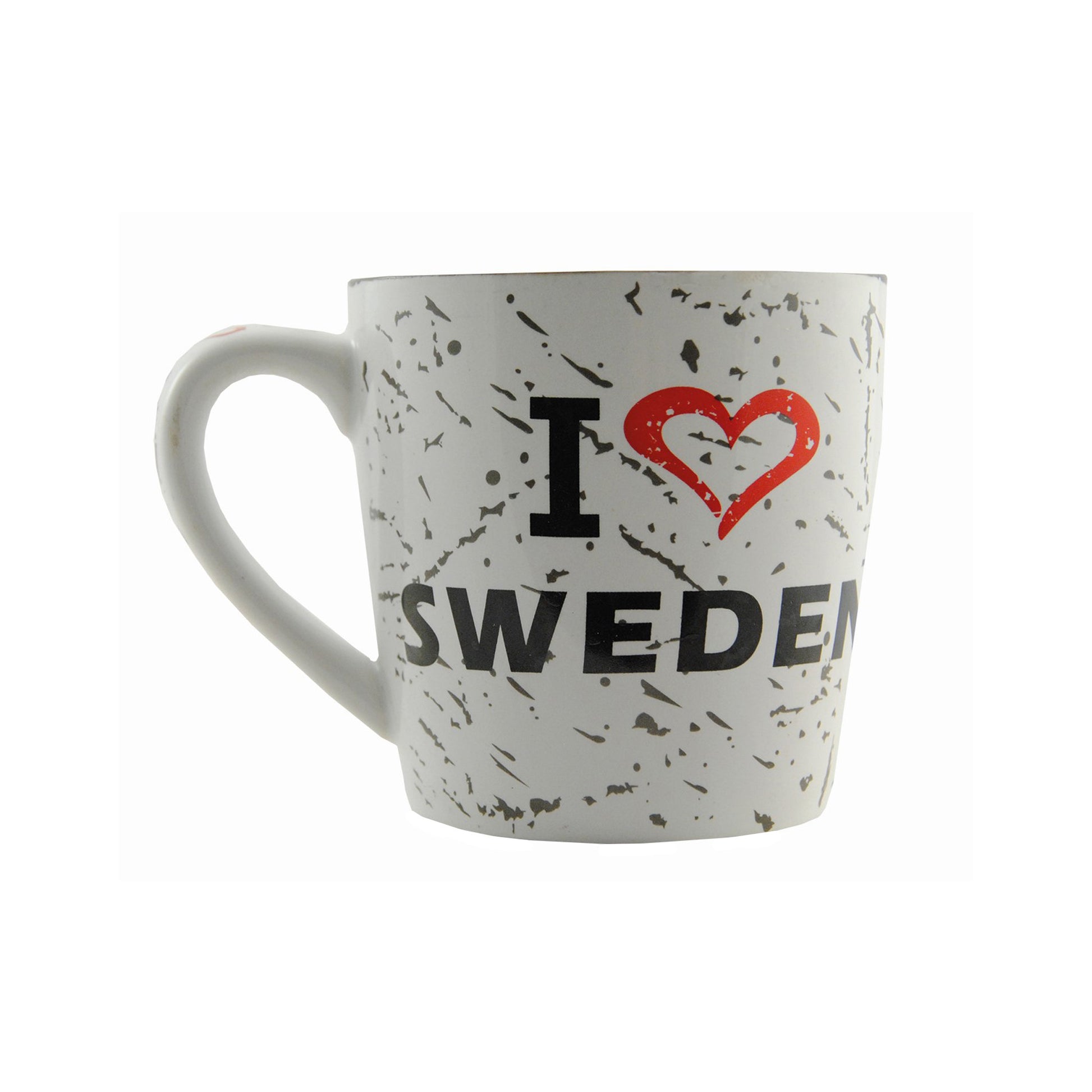 Vit mugg med gråmelerat mönster, svart insida och texten "I Love Sweden" på båda sidor samt handtaget.