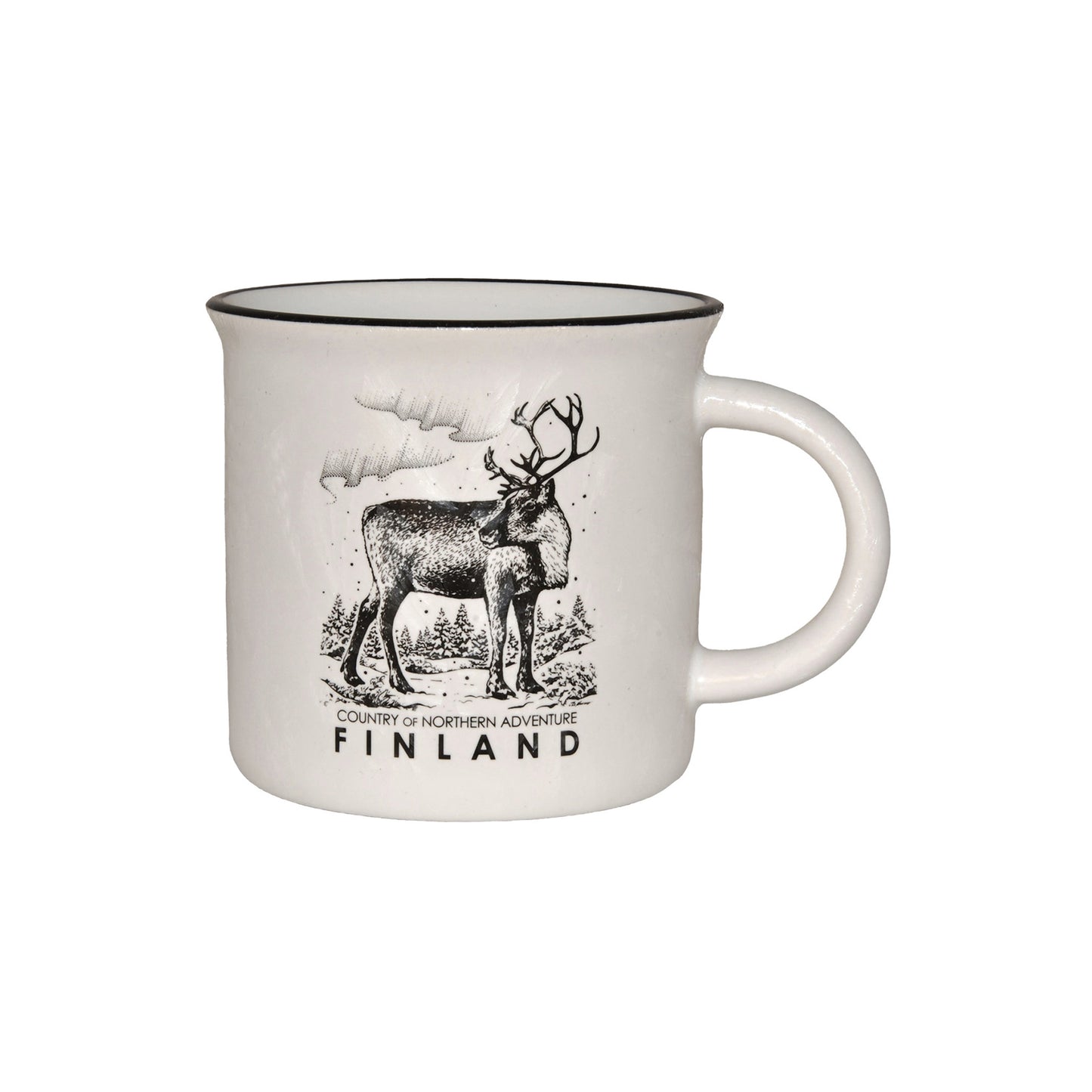 Vit mugg med frostig isdesign, dekorerad med en ren och texten "Finland Country of northern adventure".