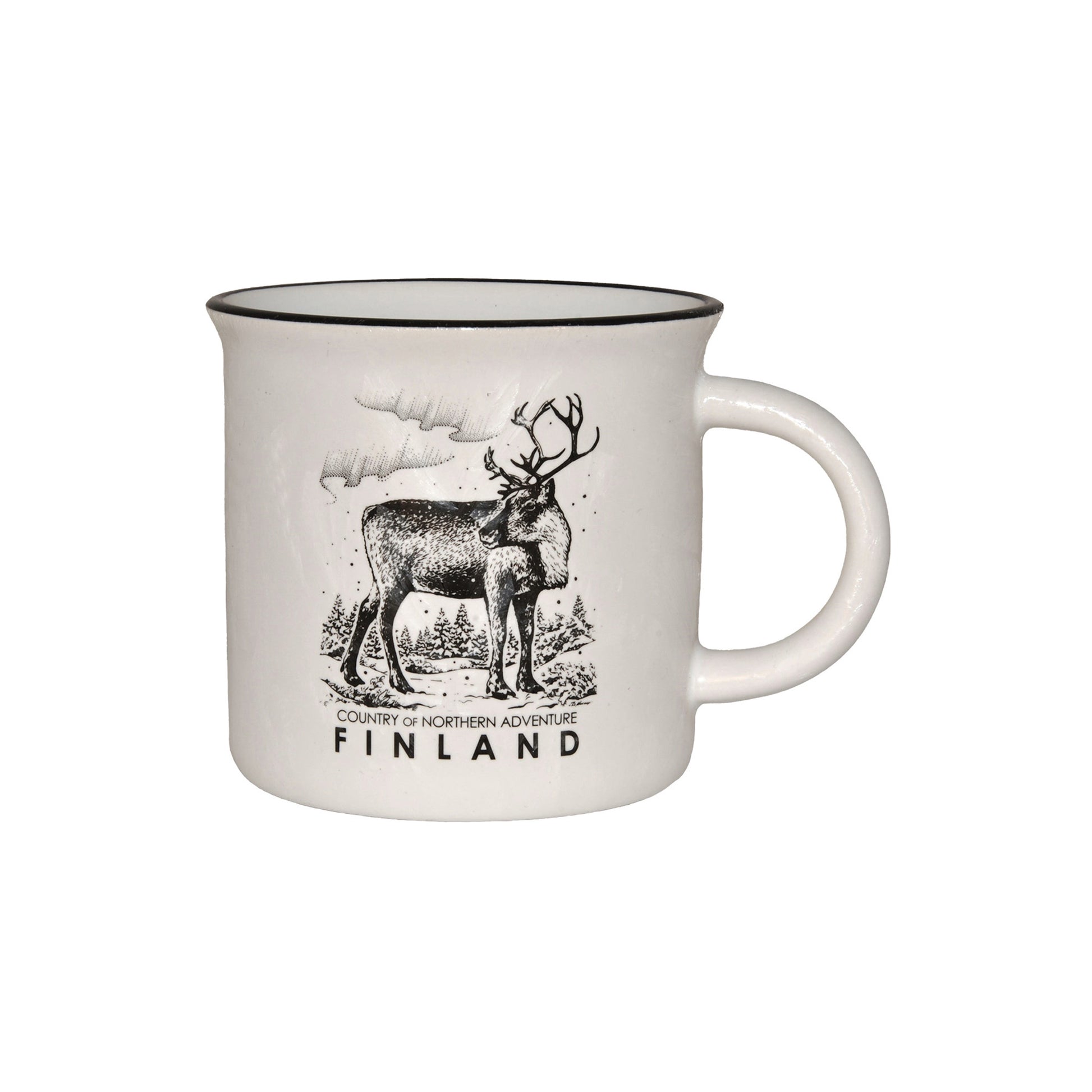 Vit mugg med frostig isdesign, dekorerad med en ren och texten "Finland Country of northern adventure".