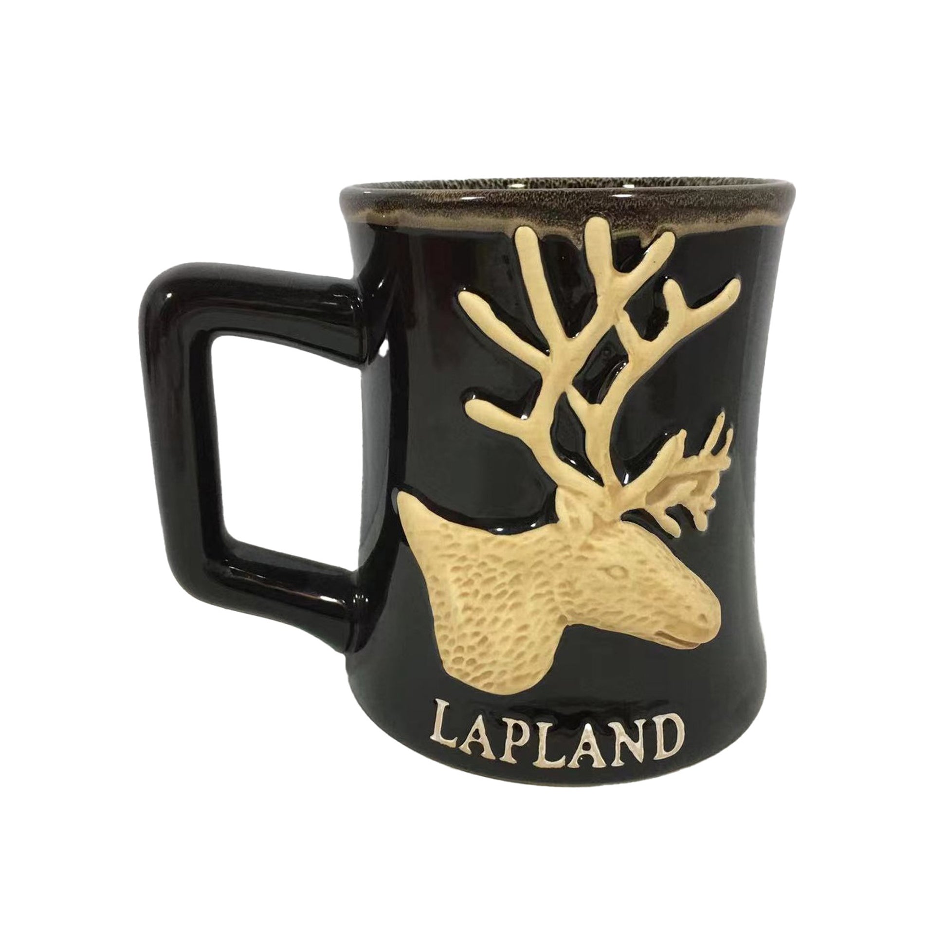 Svart mugg dekorerad med en beige Ren i 3D + texten "LAPLAND". 