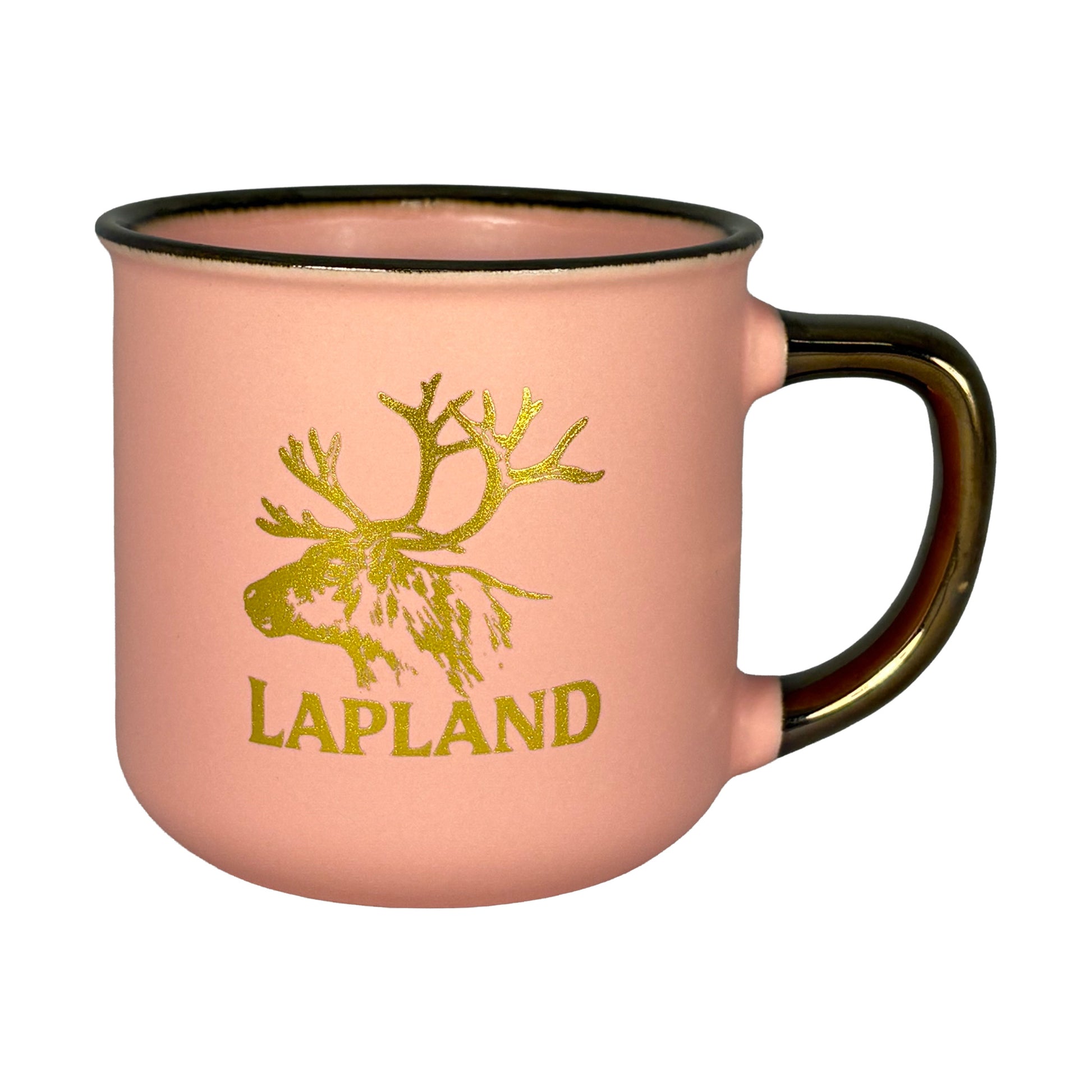 Aprikosfärgad mugg med guldfärgat renmotiv och texten "Lapland" – stilren souvenir.