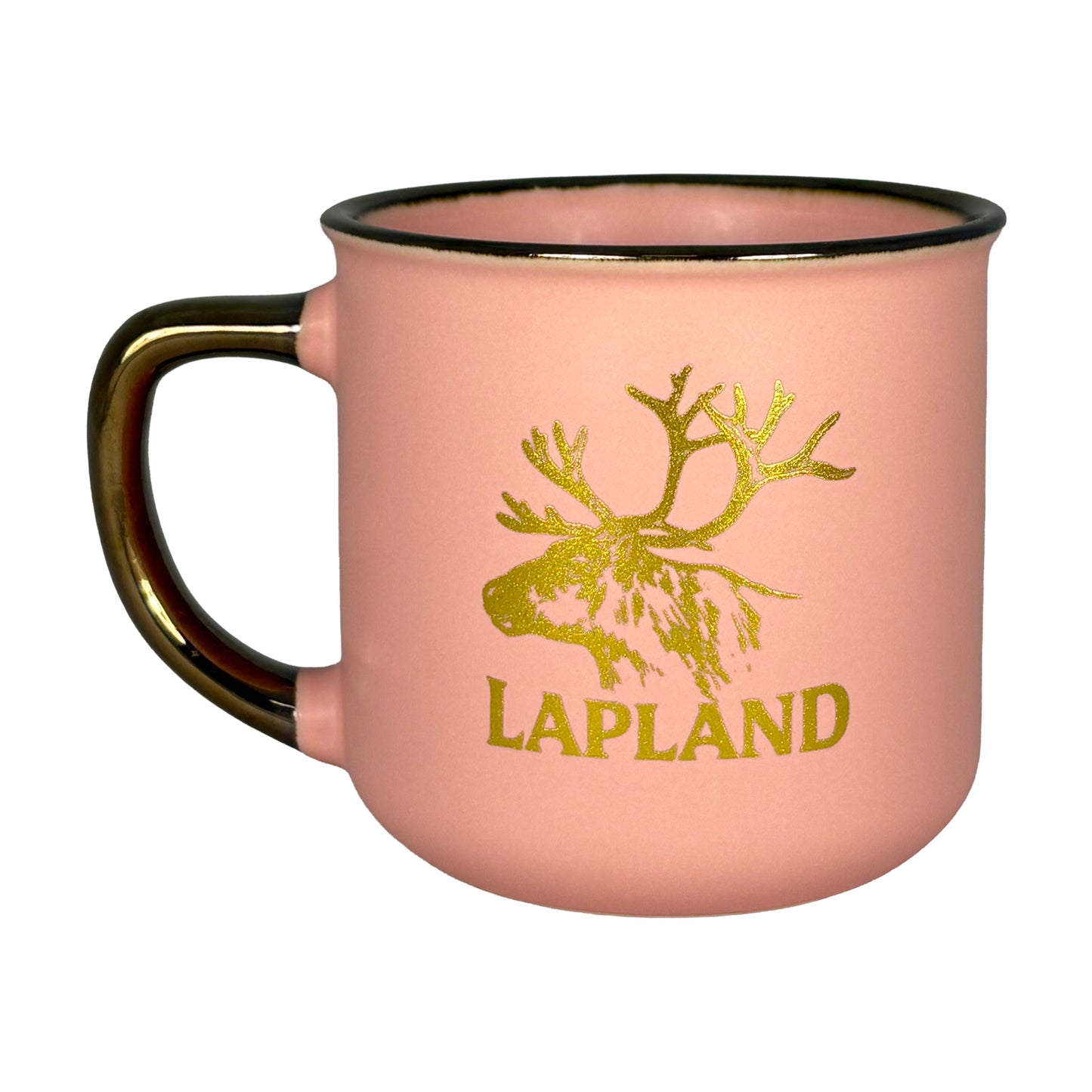 Baksidan av aprikosfärgad mugg med samma guldfärgade motiv.