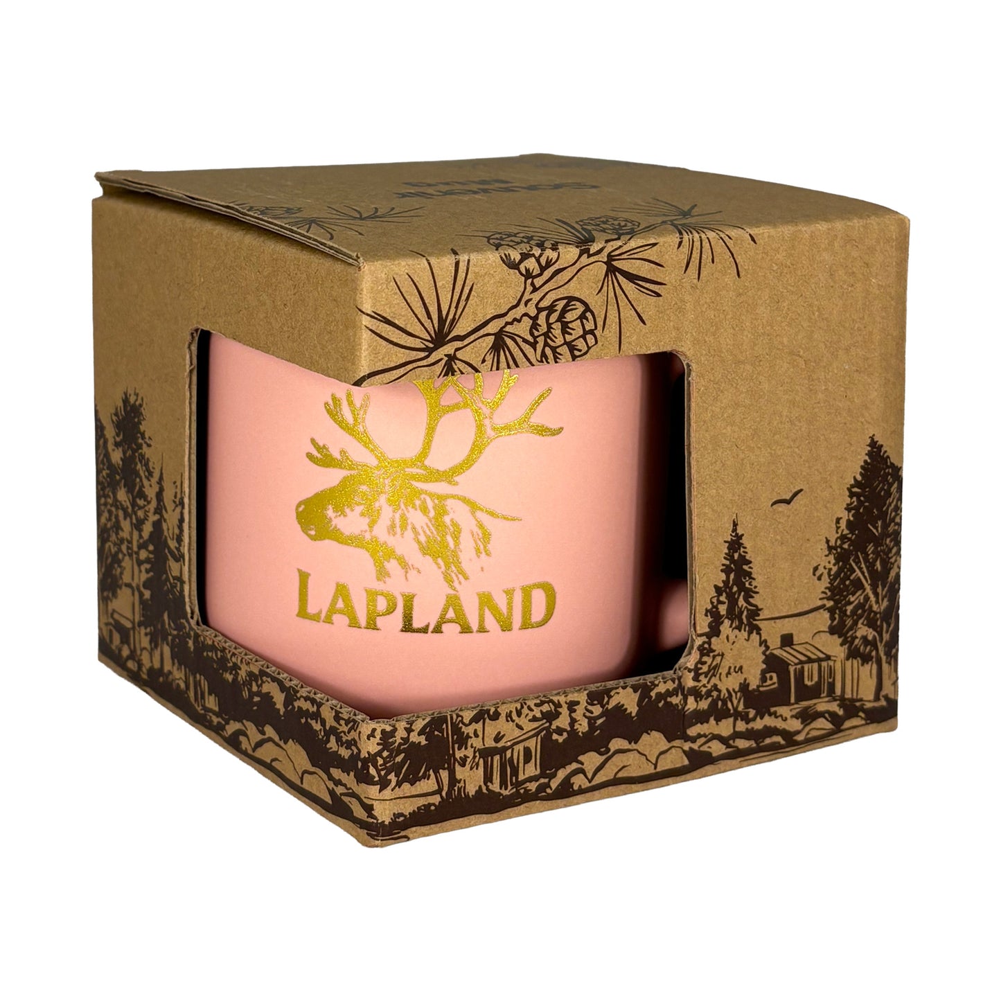 Aprikosfärgad mugg i brun kartong med mörkbrunt skogsmotiv, sedd framifrån.