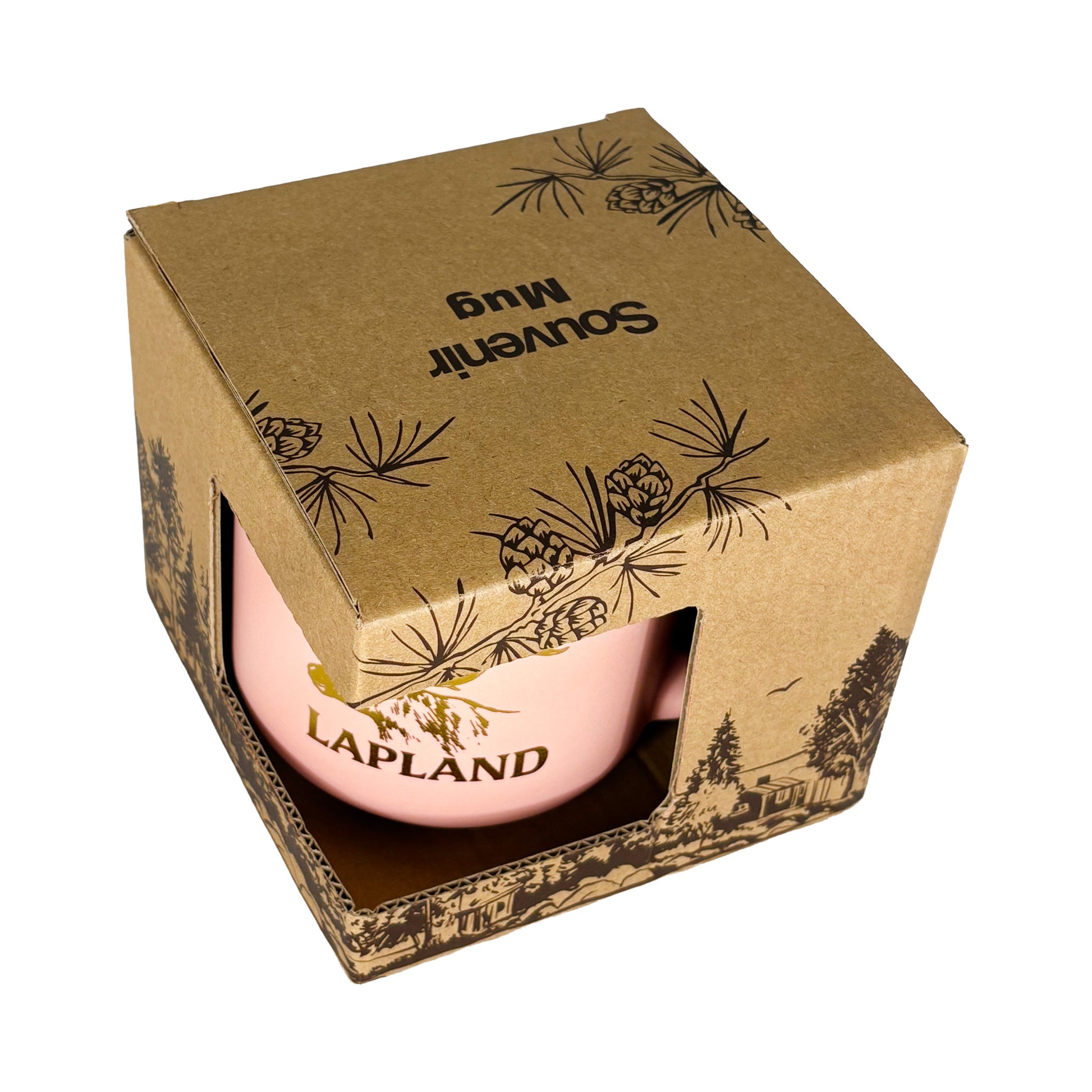 Aprikosfärgad mugg i brun kartong med texten "Souvenir Mug" på toppen, sedd snett uppifrån.